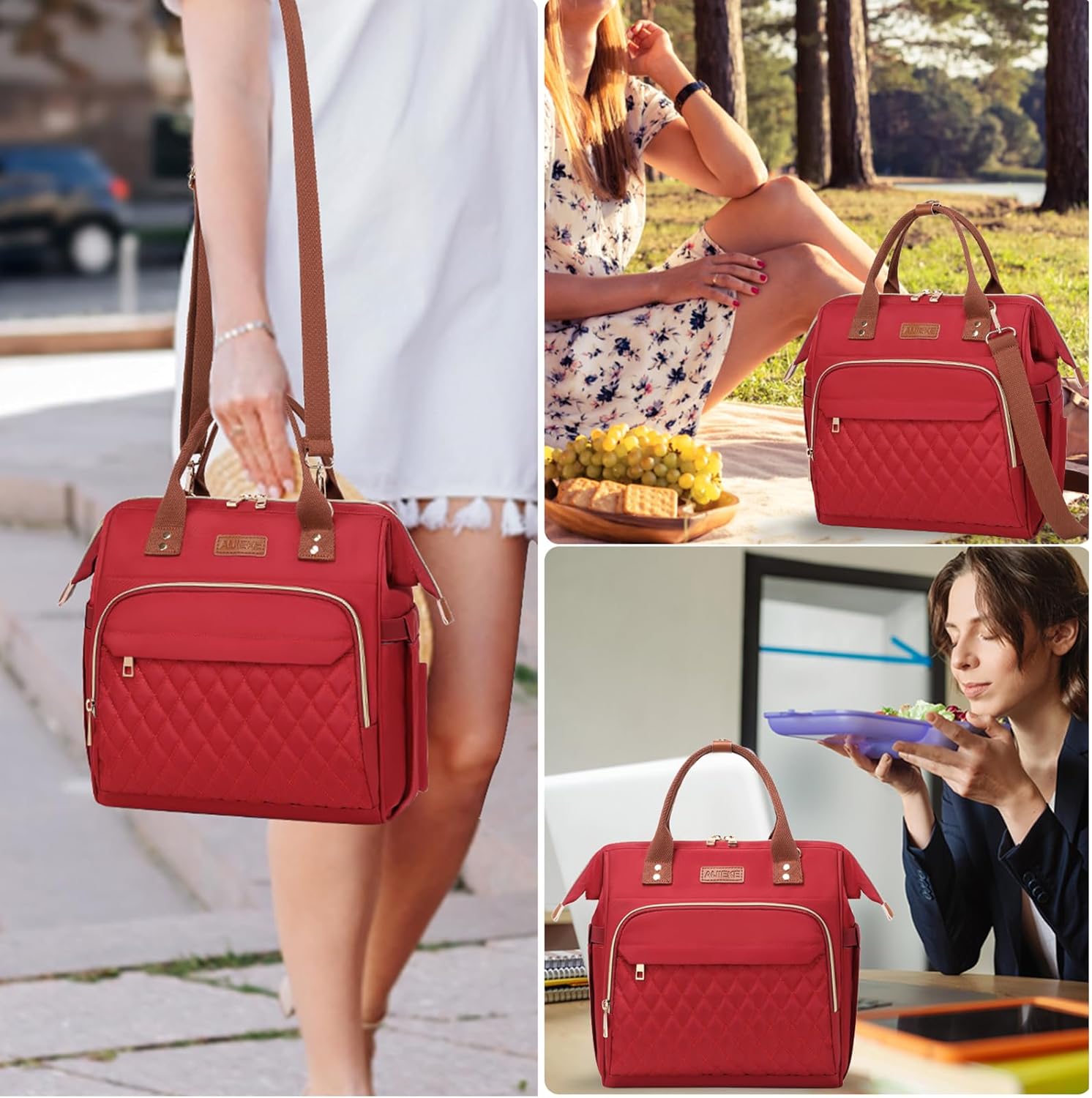 AIJIEKE Lunch Bag for Women, Leakproof & Insulated Work Lunch Box Tote, Reusable Adult Cooler Bag with Water Bottle Side Pocket & Removable Shoulder Strap, Red - Image 7