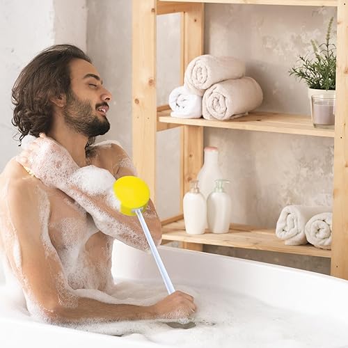 Miniatura 6 de Uiifan Esponja de baño de mango largo, esponja amarilla en un palo redondo y 8 formas de arandela trasera para ducha, mango blanco, cepillo de baño