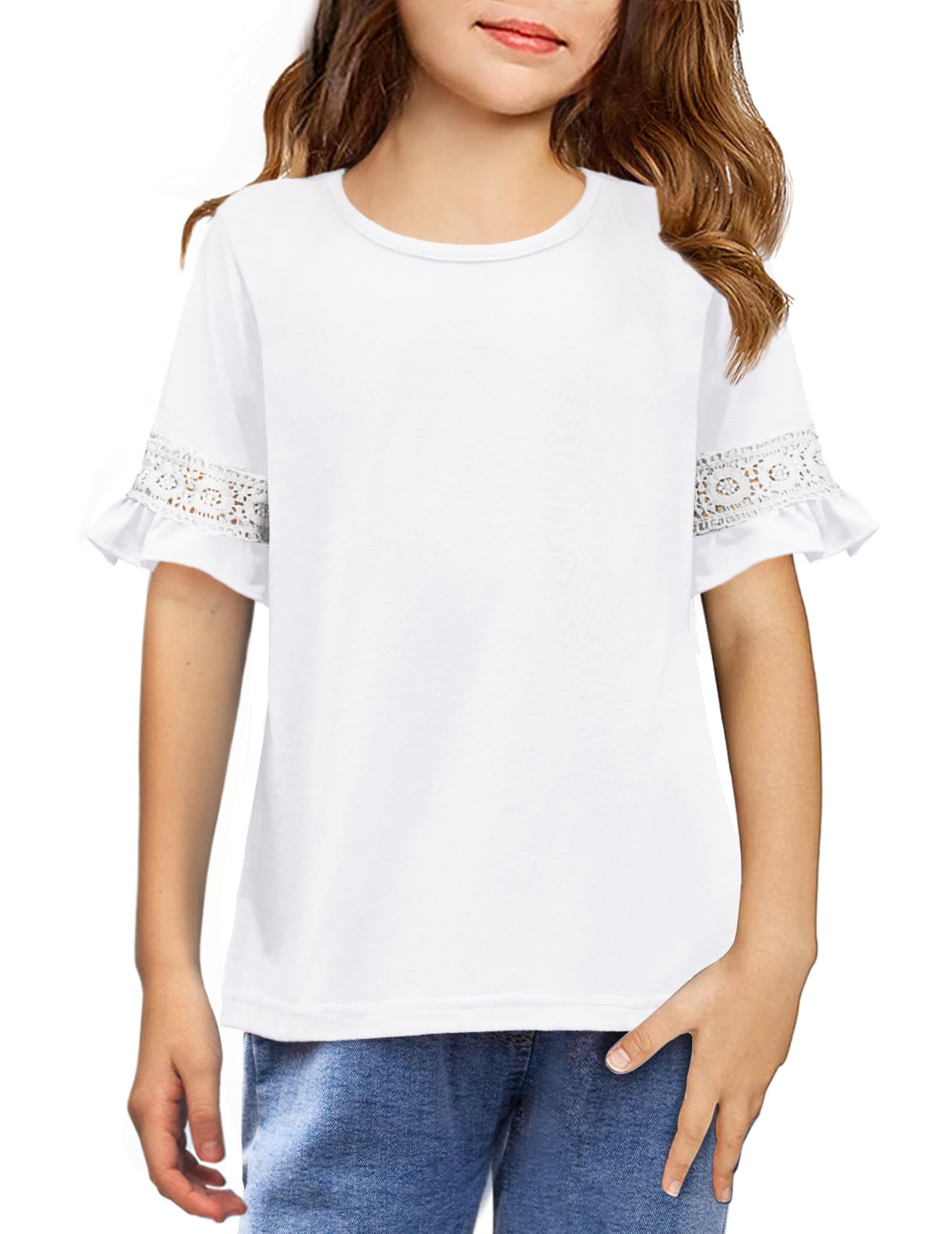 Arshiner Niñas Camisetas Manga Corta Bordado Niños Moda Ocio Camisa Verano Manga de Encaje Tops Camiseta Básica para Niñas 4-14 Años