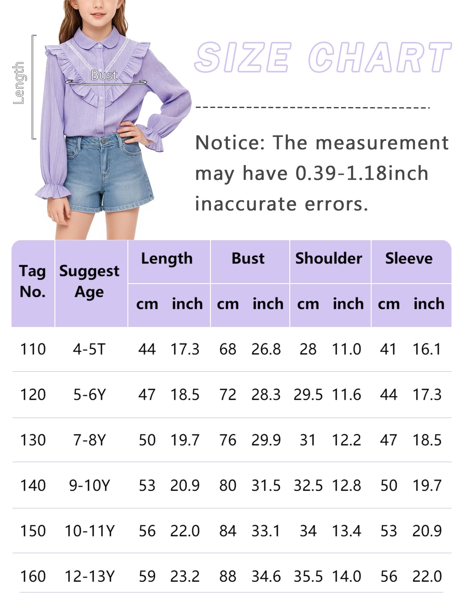 Happy Cherry - Chemisier à Manches Longues pour Filles Chemise à Volants de Princesse en Coton Esthétique Léger Fille Enfant T-Shirt Tops école pour Printemps été Automne - 4-13 Ans