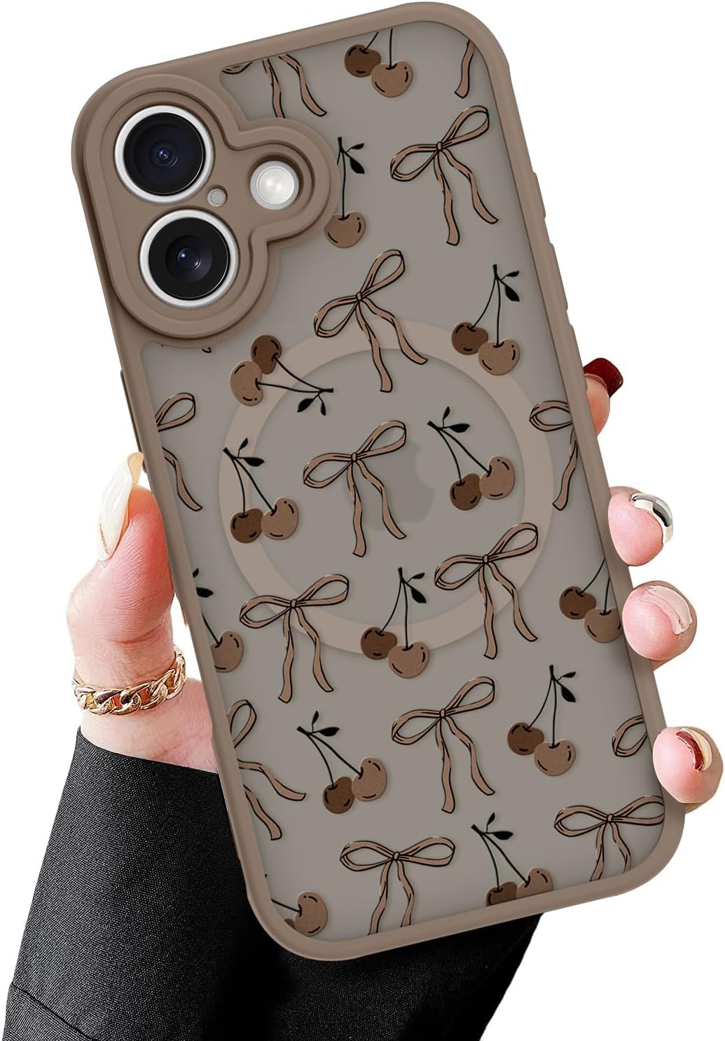MZELQ Magnetic Case for iPhone 17 6.3 Inch, Clear Bow Cherry [Compatible with Magsafe Charging] Translucent Matte Hard Shockproof Camera Protection Cover for Women Men, Frosted Brown