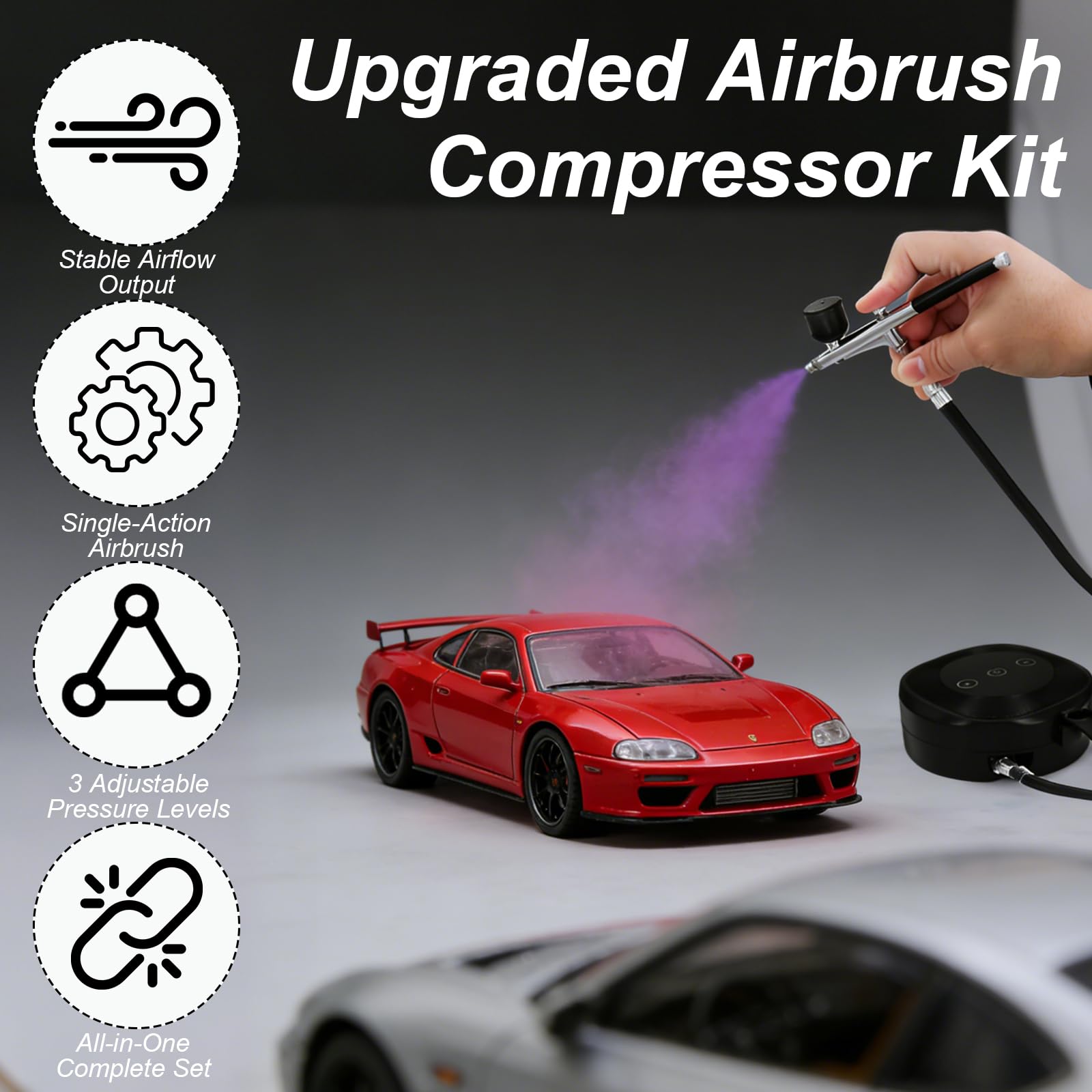 Airbrush Set mit Kompressor, Dual Action Airbrush Set mit 3 Druckstufen & 0,3/0,3/0,5mm Düse, Air Brush Pistole Set für Modellbau Make Up Kunst Kuchendekoration Tattoo Färbung