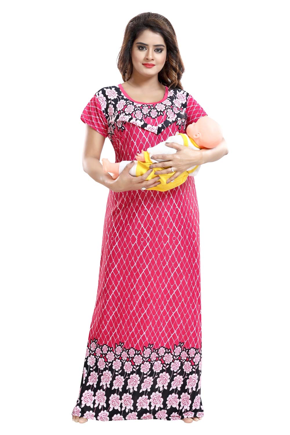 FabmeWomen's Maternity Night Dress (NW0190_Pink_Free Size)