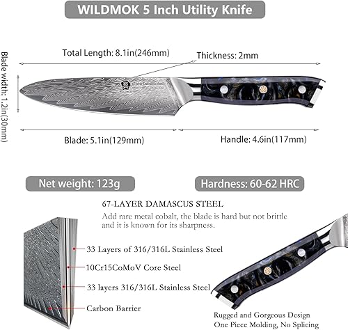 Miniatura 2 de WILDMOK Cuchillo de cocina de 5 pulgadas, Damasco Japón VG-10, cuchillo de cocina de acero afilado, mango ergonómico de resina de color, caja de