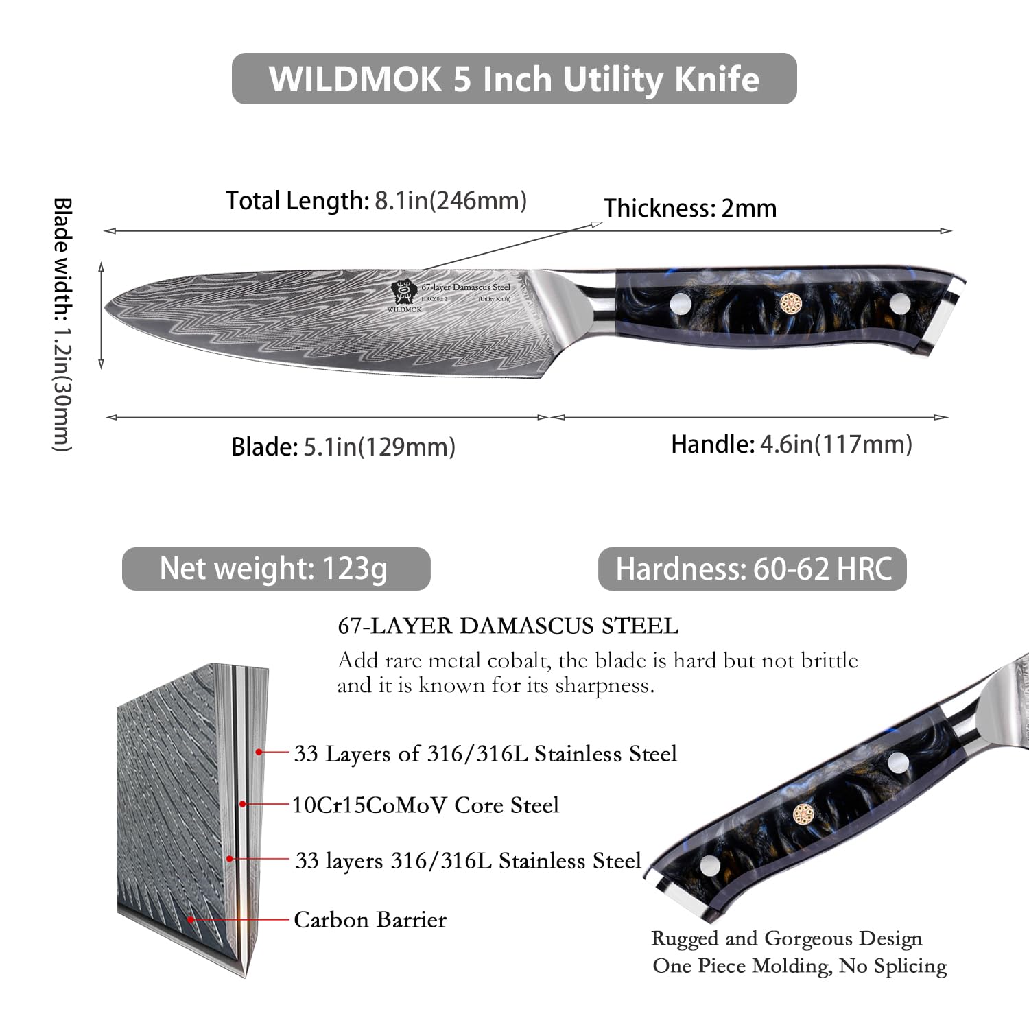 WILDMOK Nóż kuchenny, 4,7 cala Damaszek Japonia VG-10 nóż kuchenny ze stali, ostry nóż szefa kuchni, ergonomiczny uchwyt z kolorowej żywicy, luksusowe pudełko upominkowe