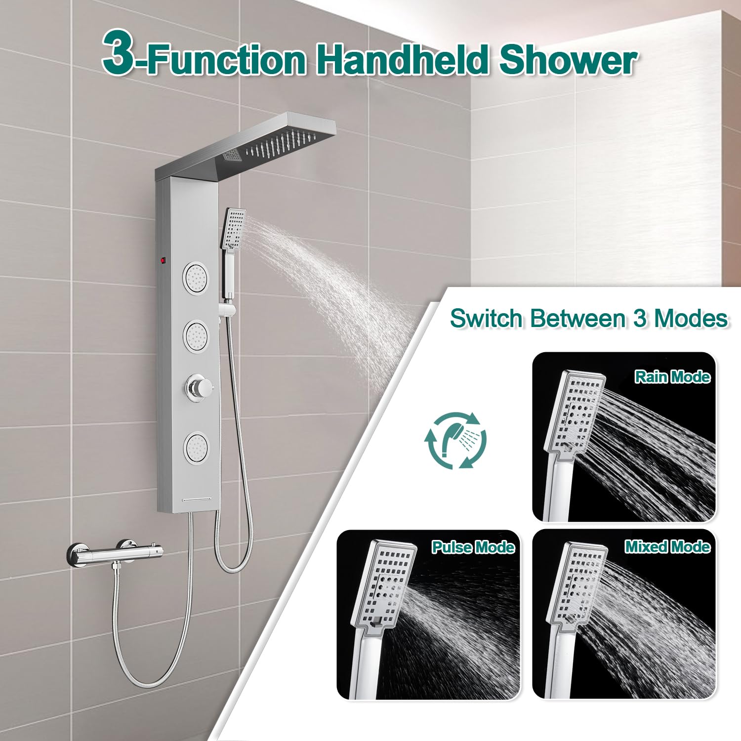 ROVOGO LED Duschpaneel ohne Armatur, Duschsäule mit 4 Funktionen, Regendusche ohne Armatur, Massagedusche, Handbrause und Wanneneinlauf für Badezimmer Dusche, Schmal Duschsäule Edelstahl Gebürstet