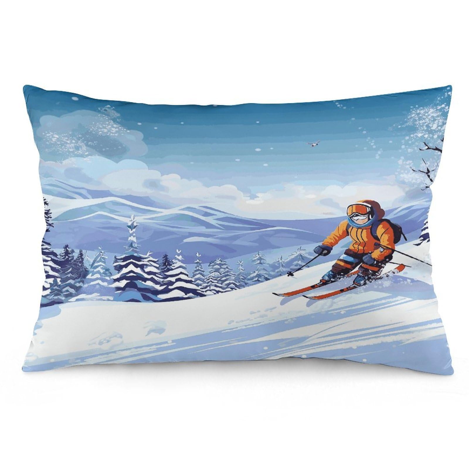 Winter Skiing Throw Pillow Covers with Silent Zipper Polyester Pillow Protectors Removable Pillow Cases Soft Pillowcase Cozy Pillow Sham Cushion Cover for Sofa Car Bed 12 "x20