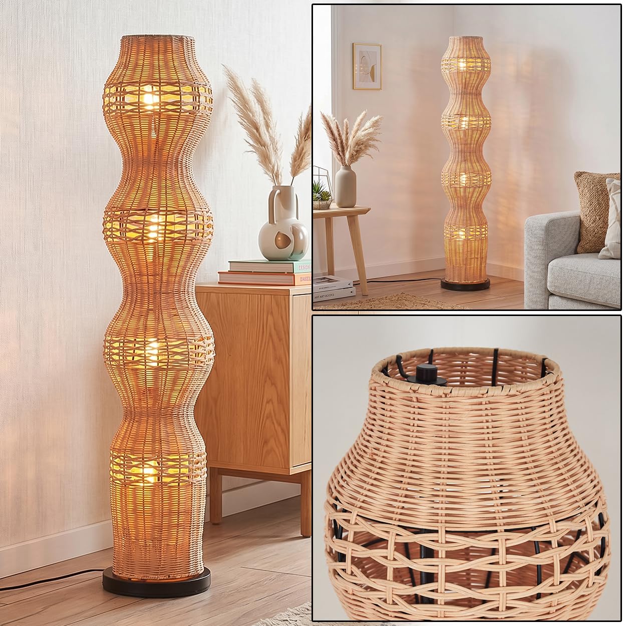 Cardeira Floor lamp, Metal/Rattan Floor lamp in Black/Natural, in Retro/Vintage/Boho Design with Light Effect, Height 111cm, E27, Foot Switch - Living Room, Bedroom, Dining Room, Hallway, Office