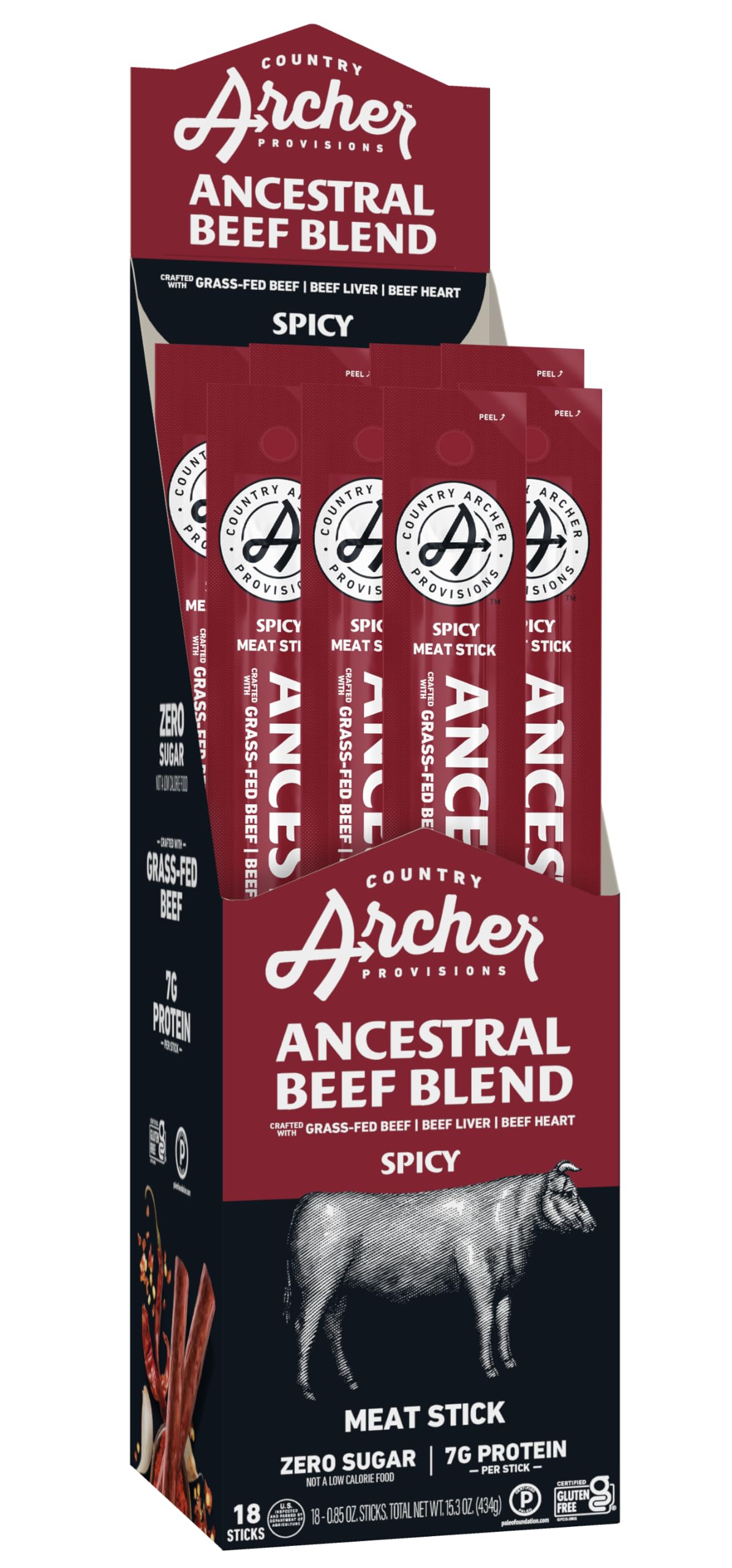 Country ArcherAncestral Beef Jerky Sticks Spicy - Hot Grass Fed Beef Sticks Individually Wrapped, Sugar Free Meat Snack Bulk, Gluten Free, Paleo, Keto, 7g Protein Per Stick - 1 oz (Pack of 18)