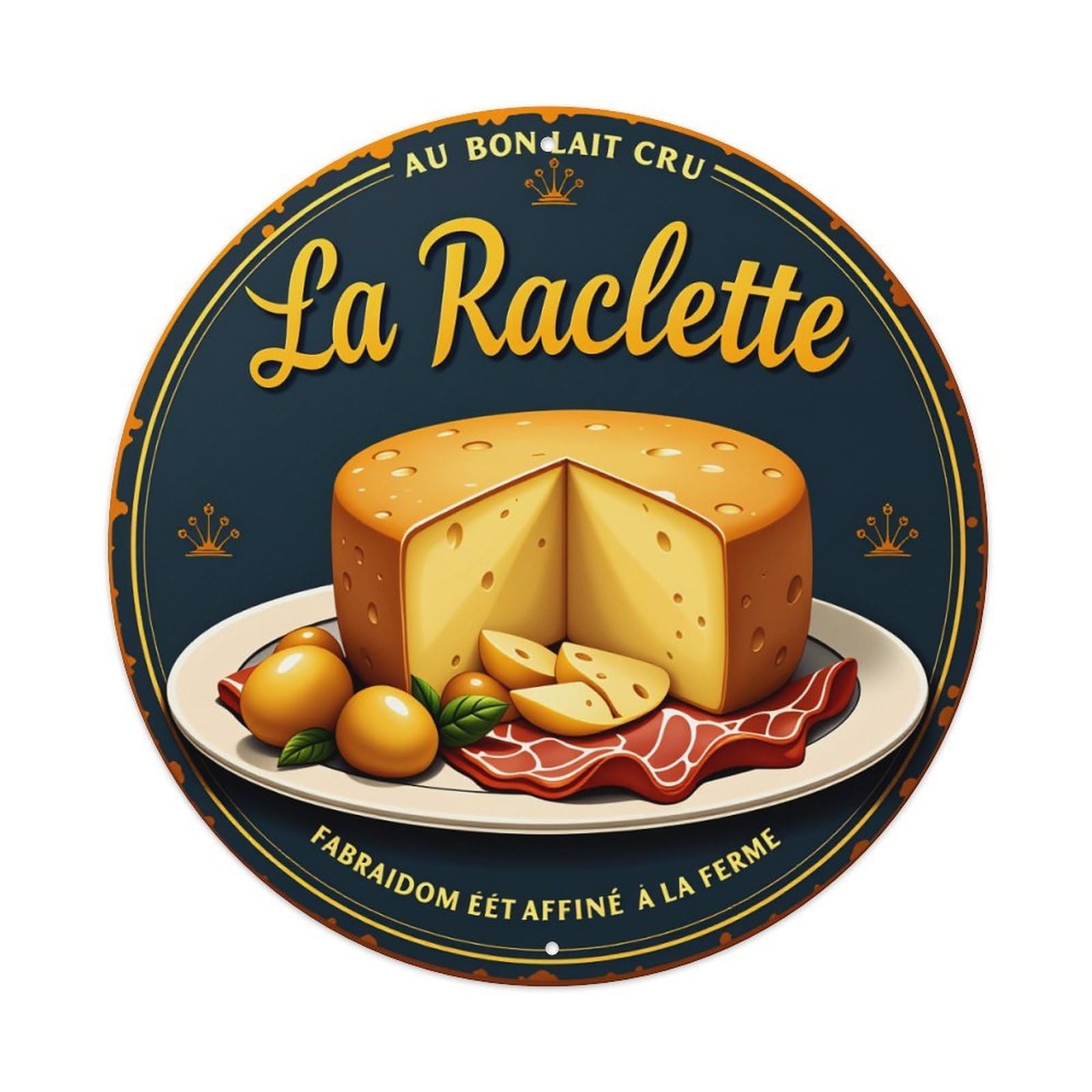 Cheese Slices Meat Potatoes Herbs Round Tin Sign Vintage Style Metal Sign Home Bar Garden Wall Plaque Decor Metal Poster 8x8 Inch