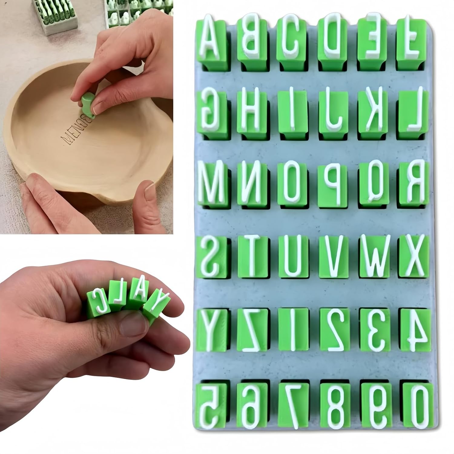 Clay Stamps Alphabet, Numbers DIY Handmade Alphabet Mold Accessories Polymer Clay Tools for Ceramic Decorating 36 Pieces Letter Stamps for Clay with Storage Box - Green (Uppercase Alphabet & Numbers)