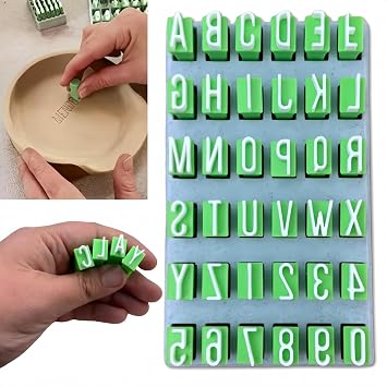 Clay Stamps Alphabet, Numbers DIY Handmade Alphabet Mold Accessories Polymer Clay Tools for Ceramic Decorating 36 Pieces Letter Stamps for Clay with Storage Box - Green Uppercase Alphabet & Numbers