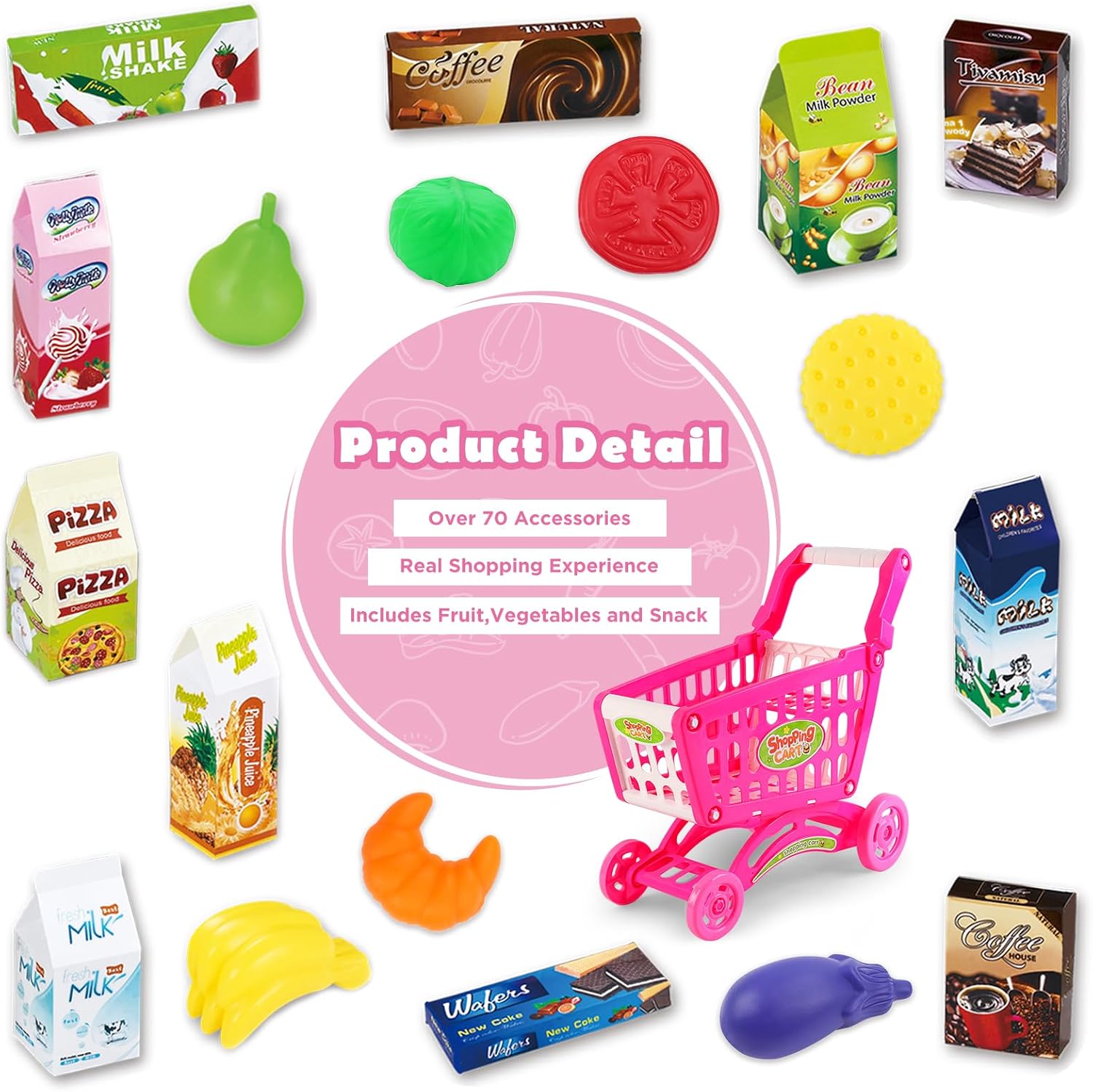 deAO Kids Shopping Cart Trolley for Groceries Toddlers 65 Food Fruit Vegetables Pretend Play Food Role Play Educational Toy Play Kitchen Toys Store Playset (Pink)