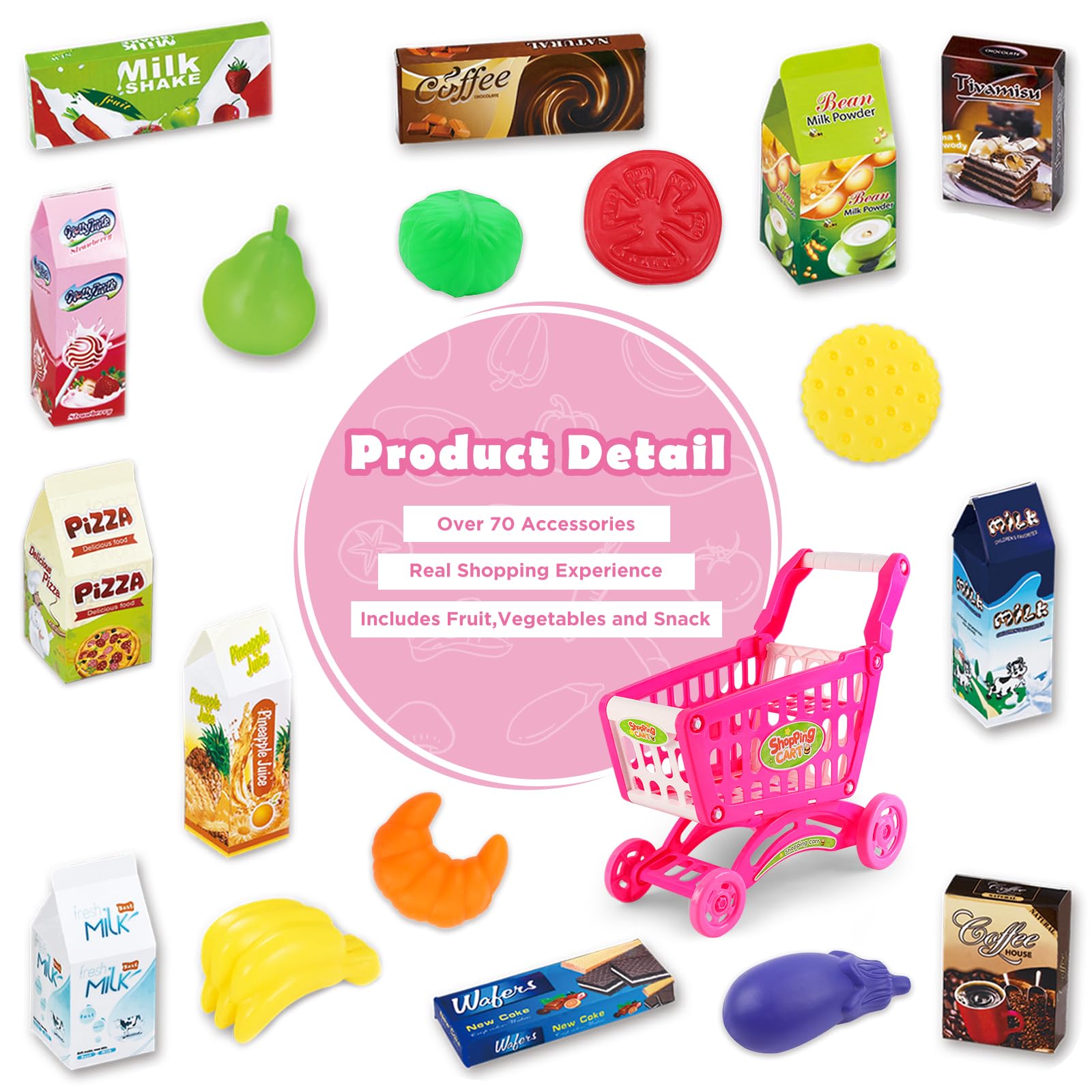 deAO Carrello Spesa Bambini Giocattolo, con più di 78 Accesori Giocattolo per Ragazzi e Ragazze, Rosa