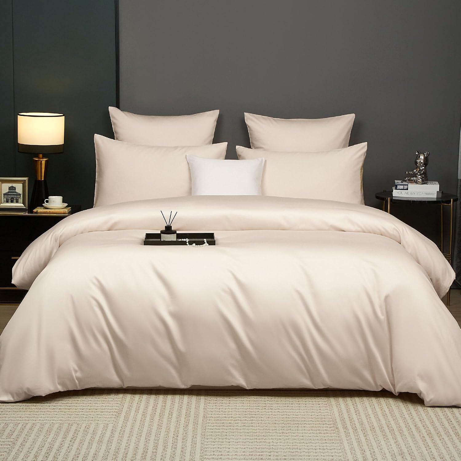 Cream Cotton Duvet Cover Set Queen 100% Long-Staple Cotton Sateen Bedding Set, Soft Breathable Smooth Organic Pure Cotton Plain Comforter Cover, Luxury Minimalist Bedroom Decor for All Season