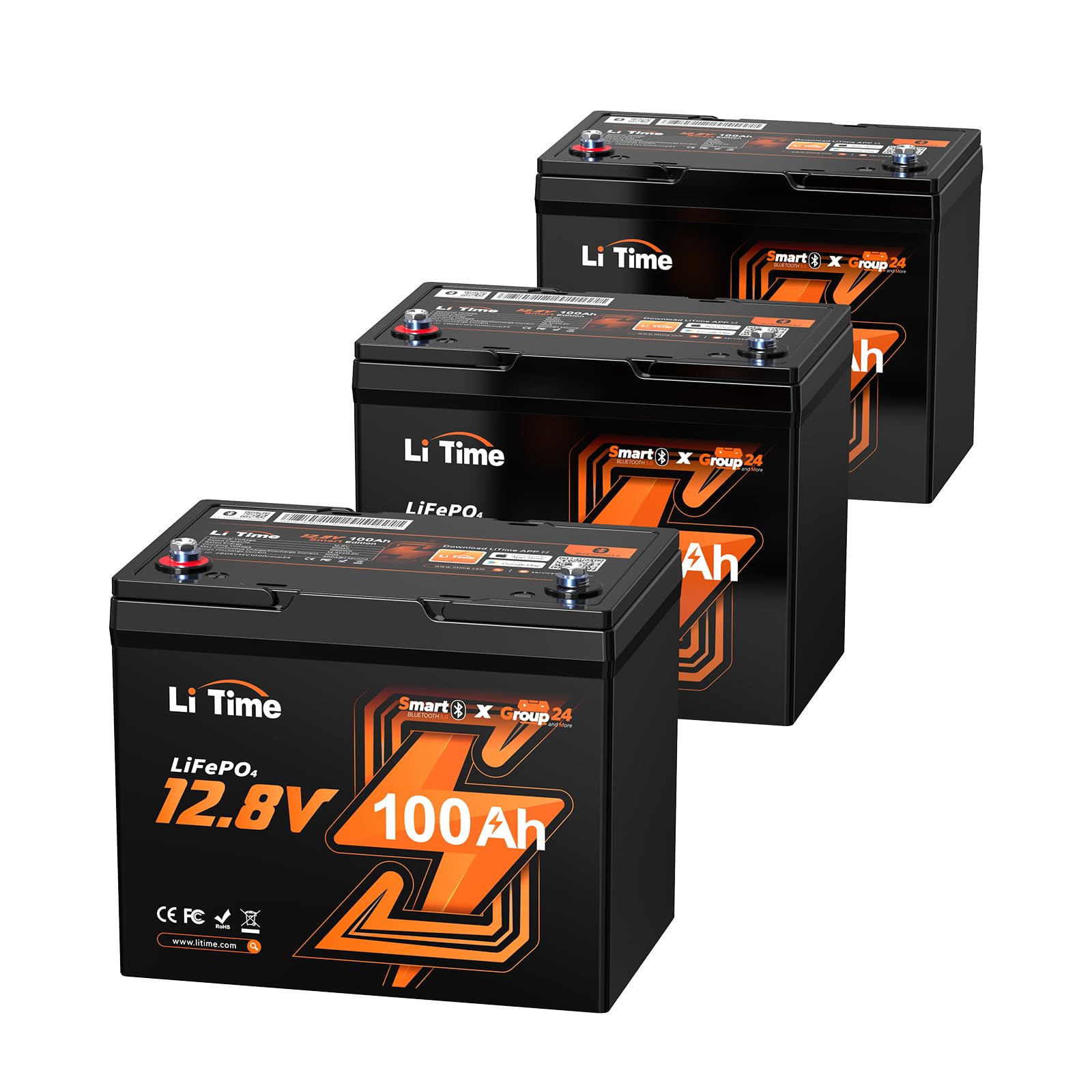 Litime 12V 100Ah Group 24 LiFePO4 Battery for RV Solar Van Marine - 3Pack