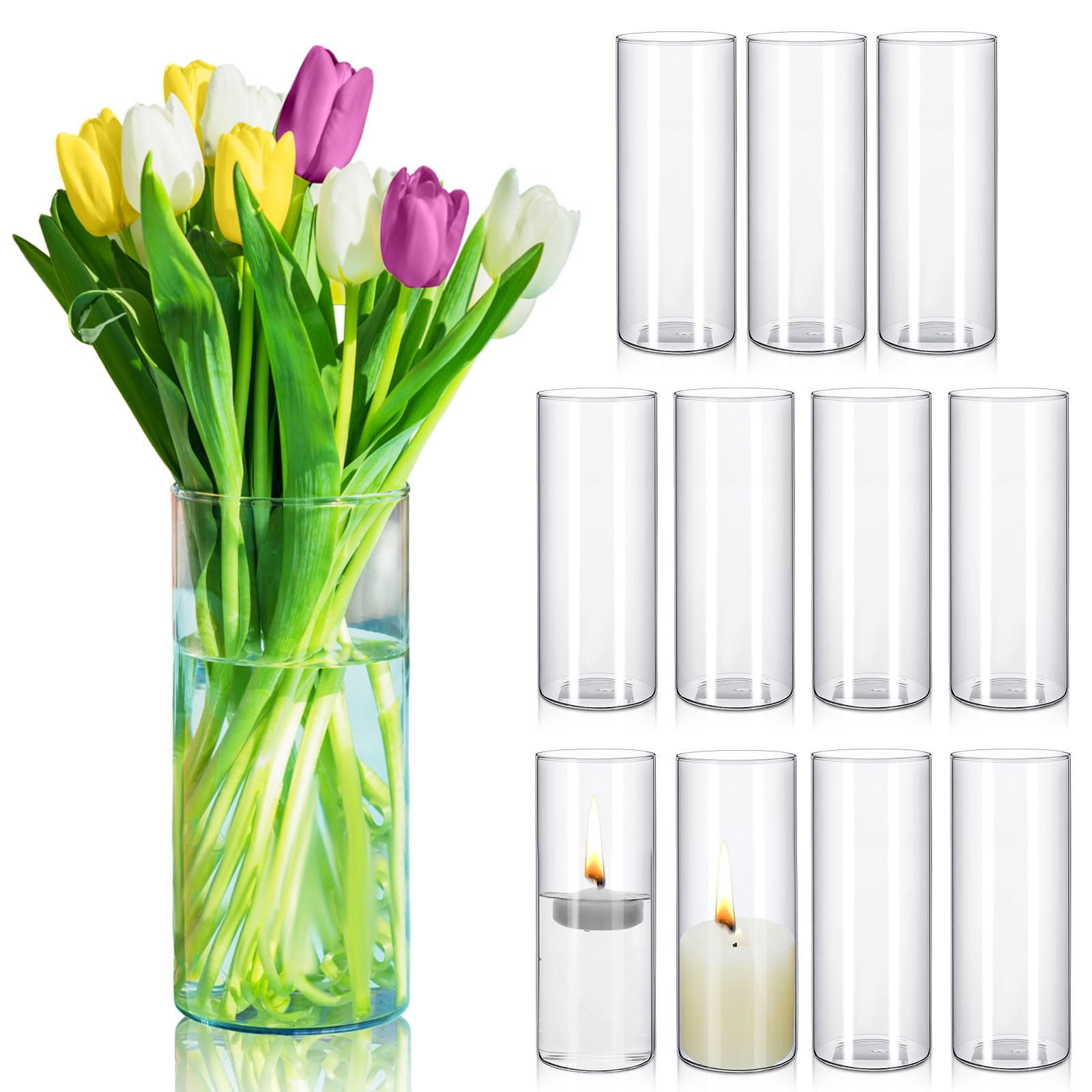 12 Pcs Tall Clear Cylinder Glass Vase for Centerpieces, Floating Candle Holder Vase Tall Table Flowers Vase with 12 Pcs Floating Candles for Wedding Favors and Home Decor (12 x 3.4 Inch)