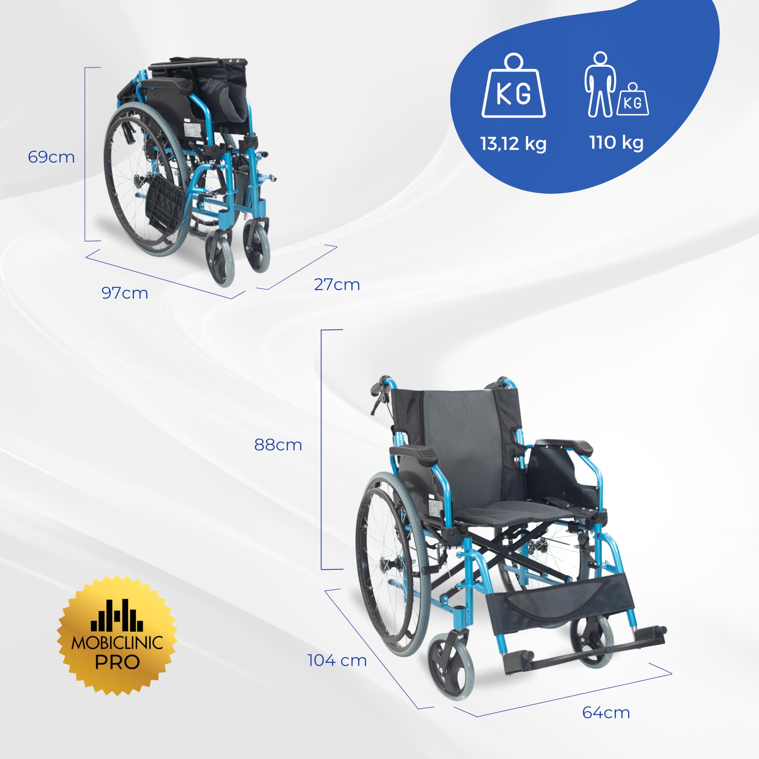 Mobiclinic®, Rollstuhl, Bolonia, Aluminium, Faltbar und leicht, Klappbare geteilte rückenlehne, Abnehmbare fußstütze, Armlehnen, Für erwachsene, Blau
