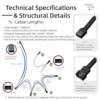 4-Pin PWM Fan Splitter Cable - PST Extension,Fan Splitter,pc Fan Splitter,pwm Fan Splitter,Daisy Chain pc Fans,Fan Splitter 4 pin,4 pin Fan Splitter (1 x 5-pin PWM Connector-104cm/40in)
