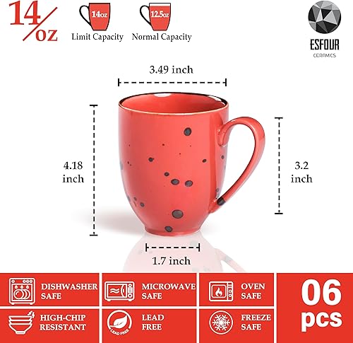 Miniatura 2 de Juego de 6 tazas de café con mango grande de 14 onzas, aptas para microondas y lavavajillas, con leche, capuchino, té, cacao, moca, hombres,