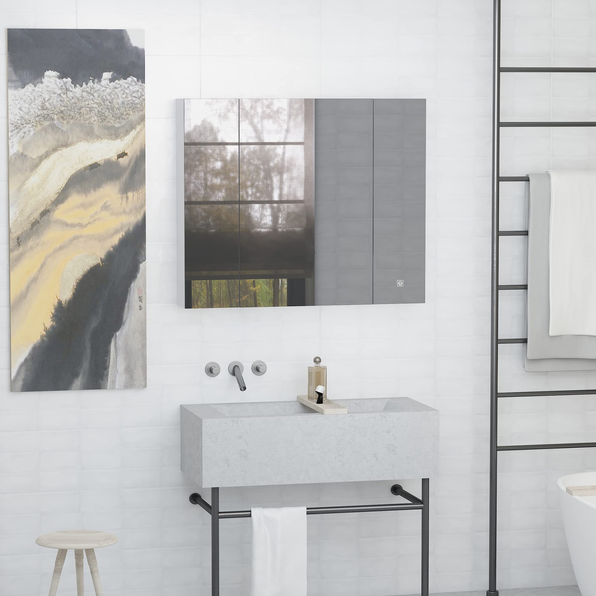 HOMCOM Armario de Baño con Espejo y Luces LED Armario con Espejo para Baño con Estantes Ajustables y USB Mueble para Baño Estilo Moderno 90x15x75 cm Blanco