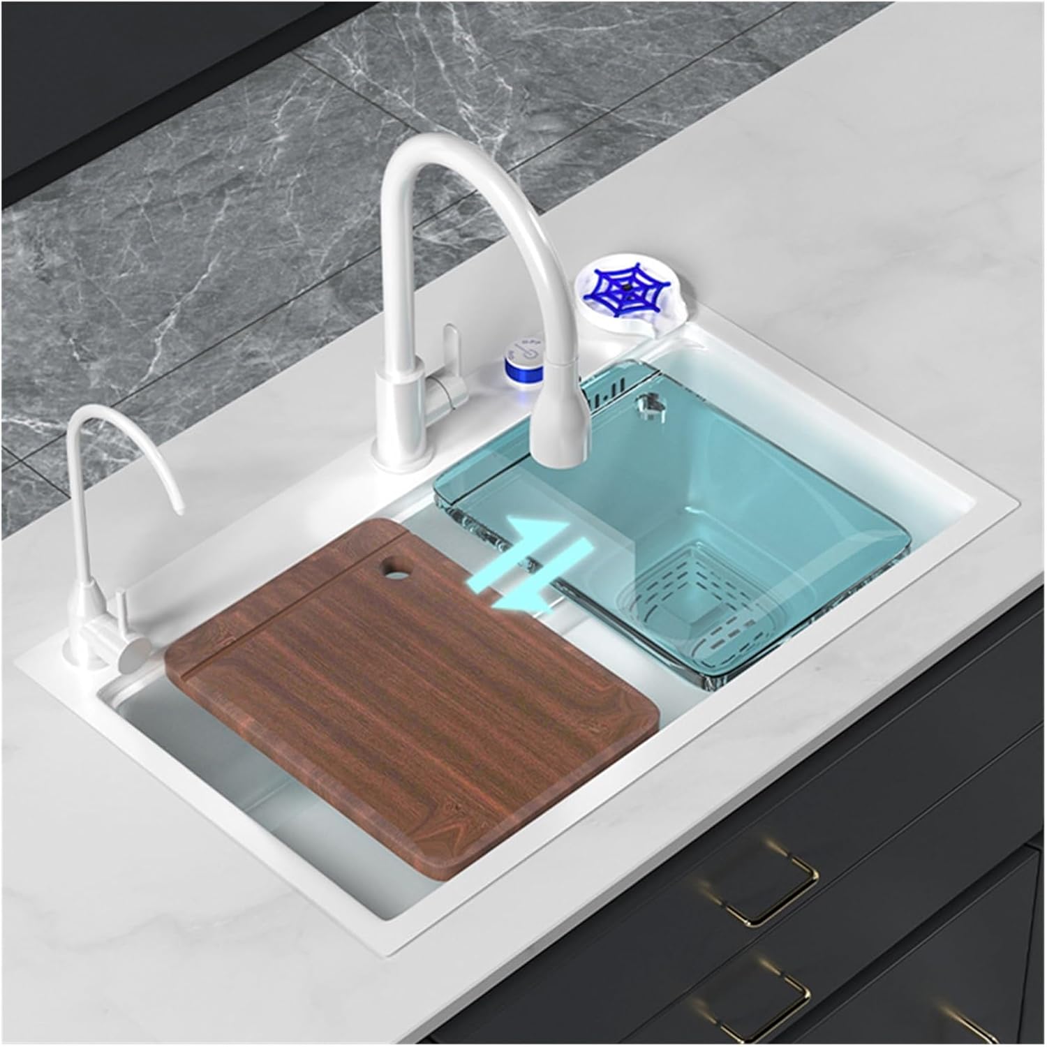 Ivory White Step Kitchen Sink Large Single Sink Milky White Vegetable Wash Basin Soap Dispenser Rinse The Cup Device