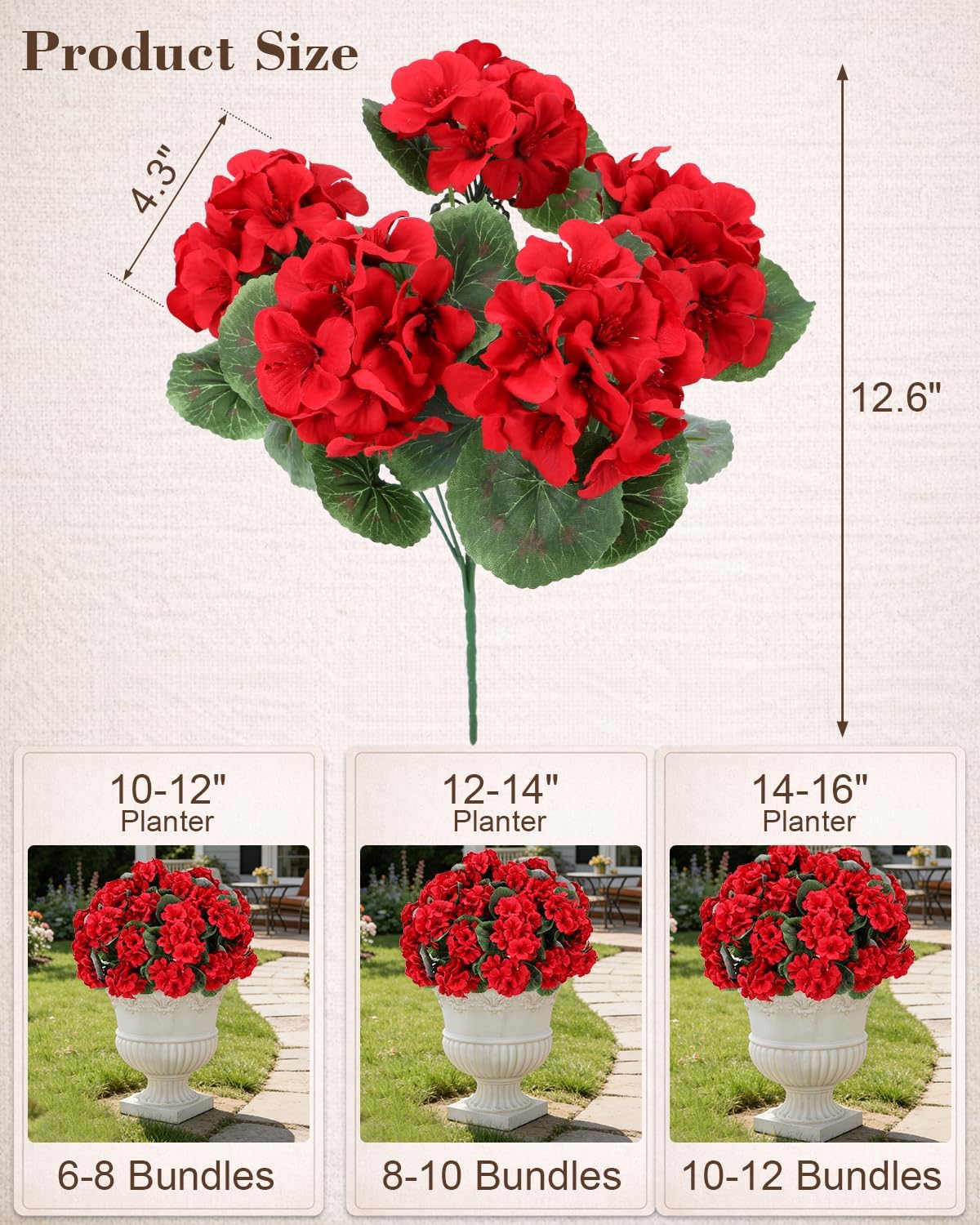 Artificial Flowers for Outdoors – 12 Bundles of UV-Resistant Artificial Geraniums, Realistic Silk Flowers for Front Porch, Patio, Garden, Window Boxes & Hanging Baskets (Red, 12)