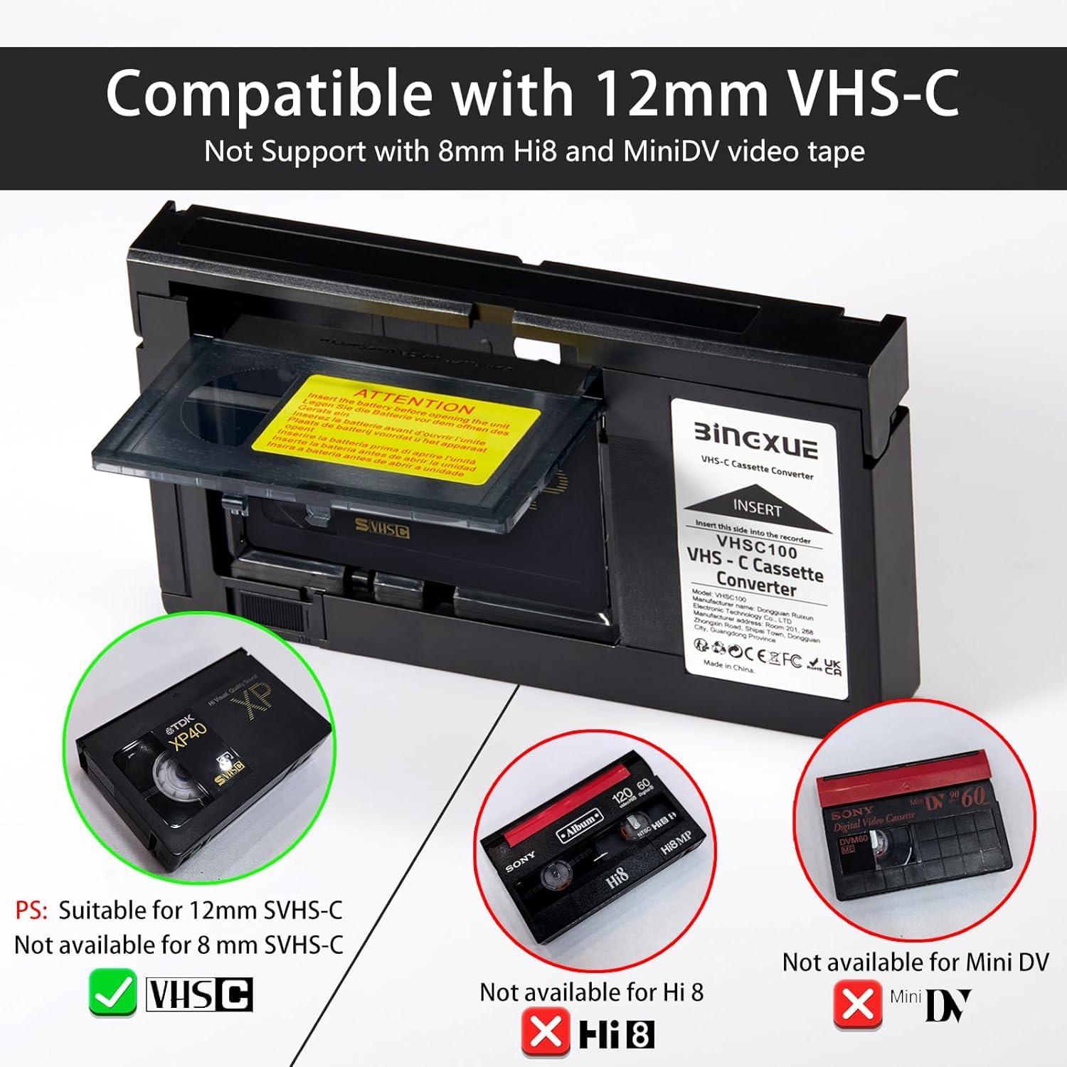 Adaptador de casete VHS C para videocámaras SVHS VHS-C a VHS, cintas compatibles de 12 mm, convertidor de casete VHS motorizado (no compatible con 8 mm / MiniDV / Hi8)