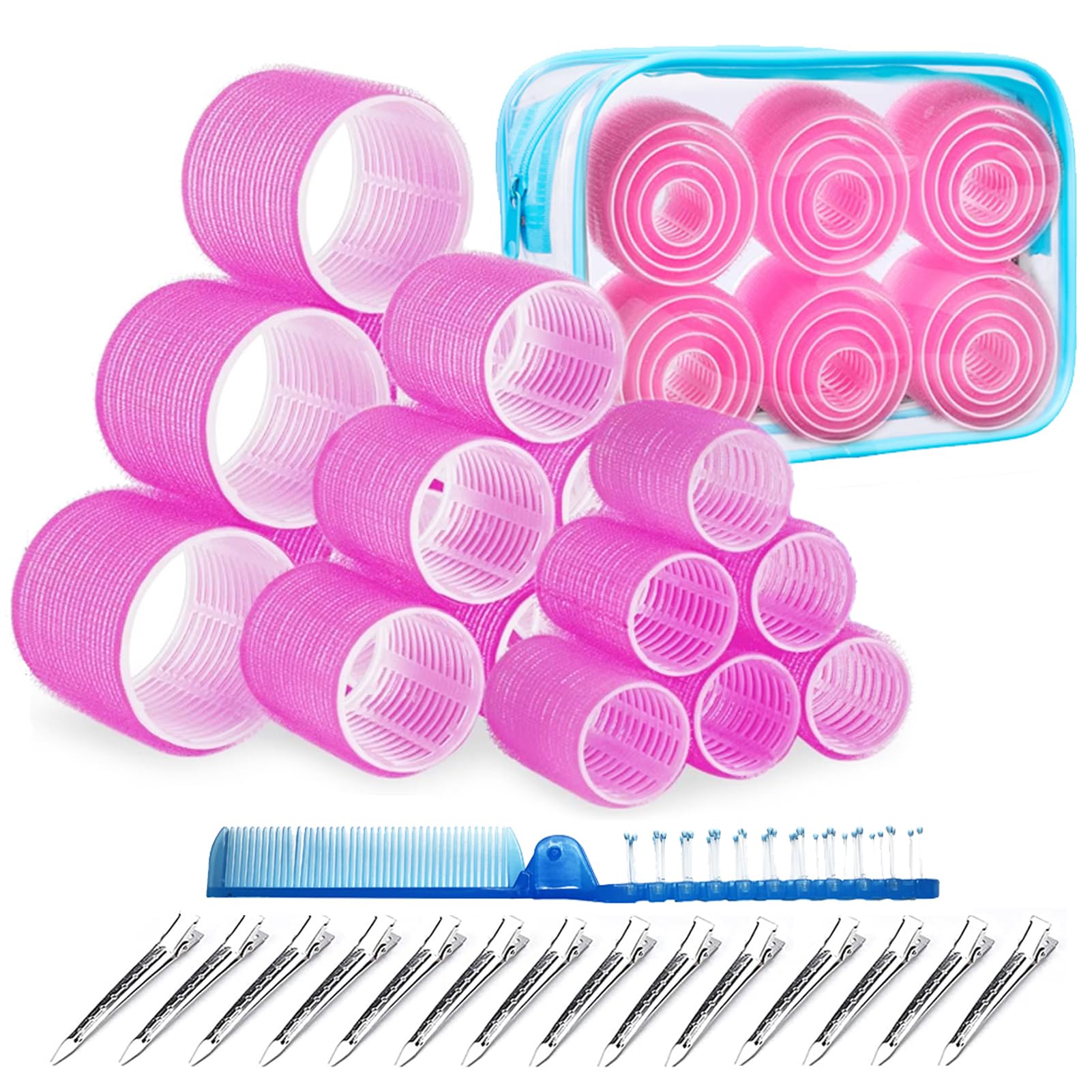 ROPIKIS Hair Roller Set, 18 pcs Heatless Self Grip Rollers With 18 Clips and Comb, 3 Sizes in 1 Set Velcrorollers for Hair Salon (Travel Packing)