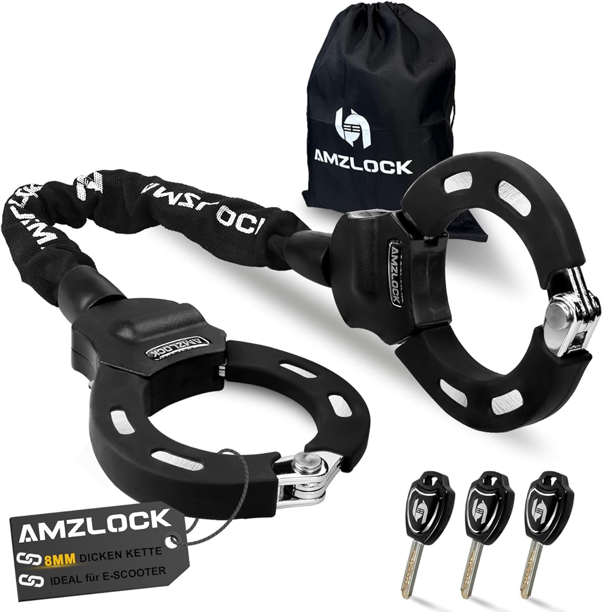 Cadenas Trotinette Electrique, Antivol Menottes 8mm pour Trottinette Électrique et Vélo, avec 3 Clés, 75cm/1,6kg Antivol Trotinette Electrique