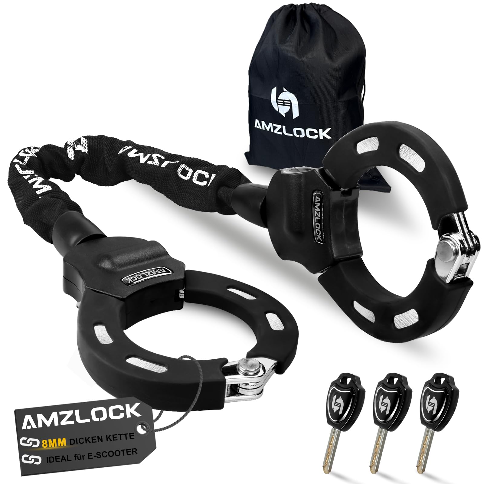 AMZLOCK E Scooter Schloss | 8mm Dicke Kettenschloss | Handschellenschloss für E Scooter | mit 3 Schlüsseln | 1.6kg/75cm Hochsicherheitsschloss