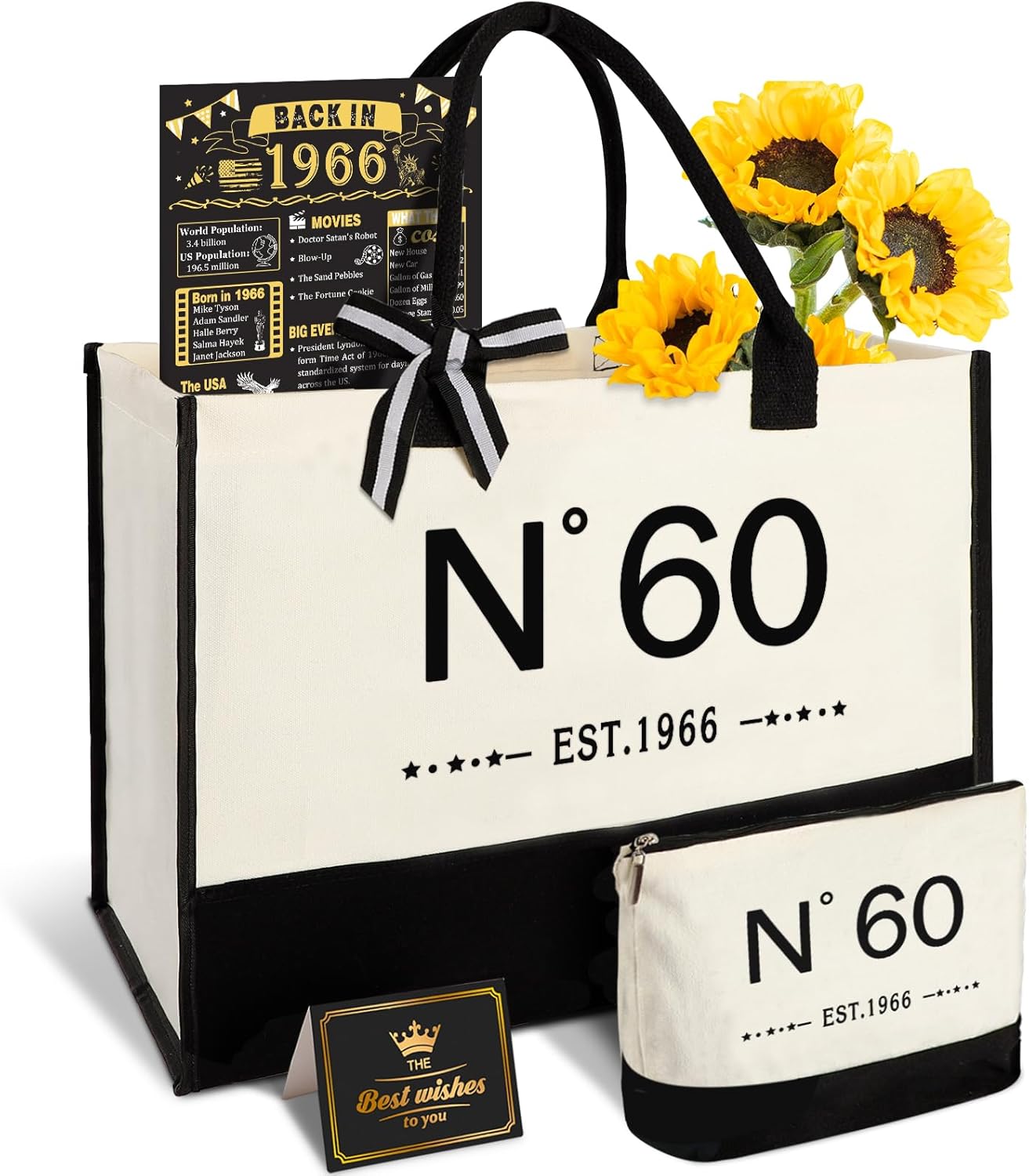 YeohJoy 60th Birthday Gifts for Women Canvas Tote Bag, Unique 60 Years Old Birthday Gifts for Aunt Mom Wife Friends Sister Her, EST.1966 Handbag & Makeup Bag & Back in 1966 Poster