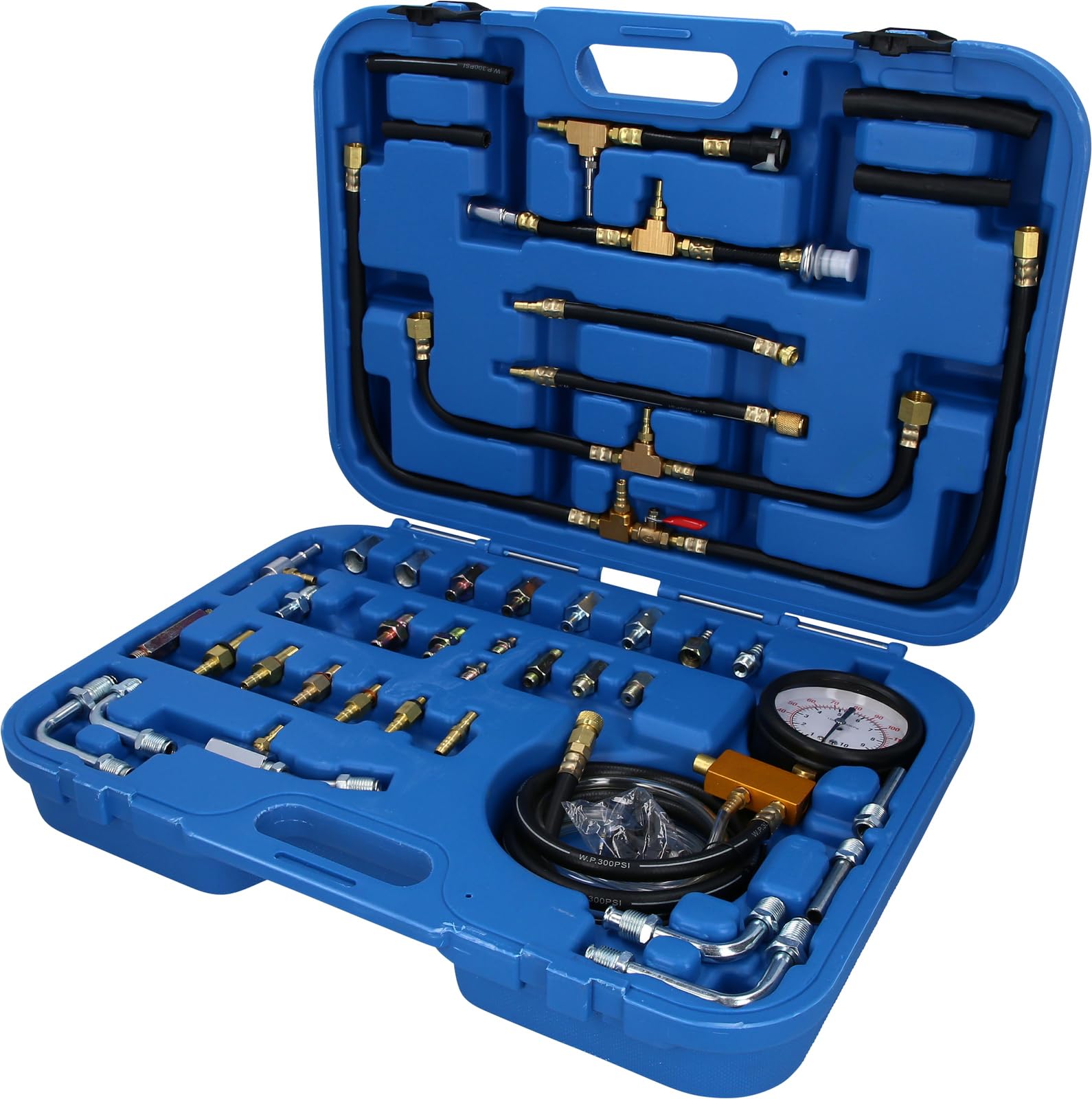 BRILLIANT TOOLS BT581400 Benzindruck-Prüfer-Satz, 0 - 8 bar, 44-tlg [Powered by KS TOOLS] Mit Stabilem Blauen Transportkoffer