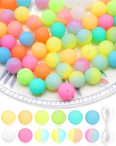 Cinvo 60 cuentas luminosas redondas de silicona, 0.591 in, 12 colores brillantes, cordón de 16.4 ft, suministros para hacer joyas de bricolaje