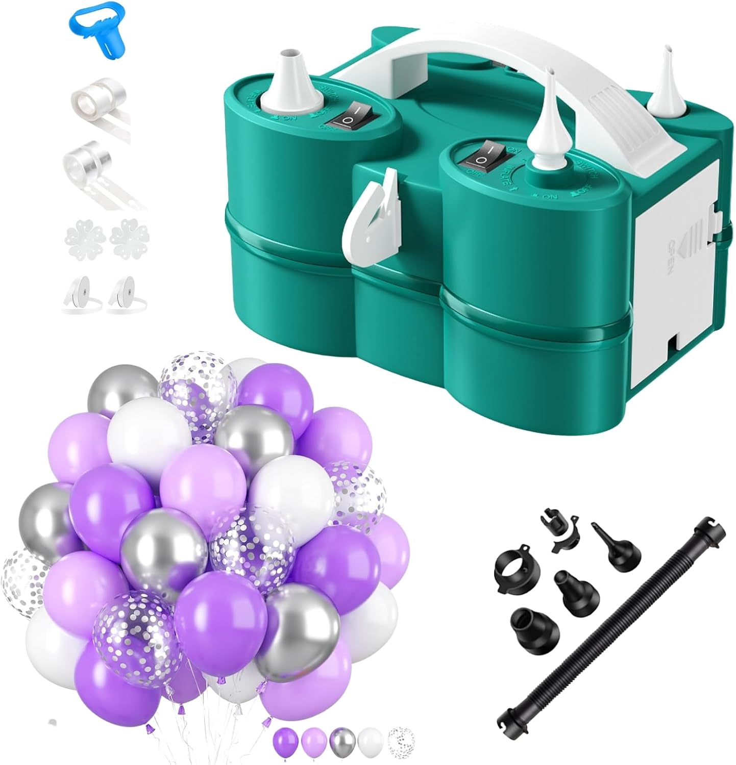 FunHot Electric Balloon Pump with Balloons Set, Portable Dual Nozzle Air Pump for Balloons, Green White 3-in-1 Balloons Blower Machine with 55PCS Purple Silver Balloons for Birthday Party Decoration
