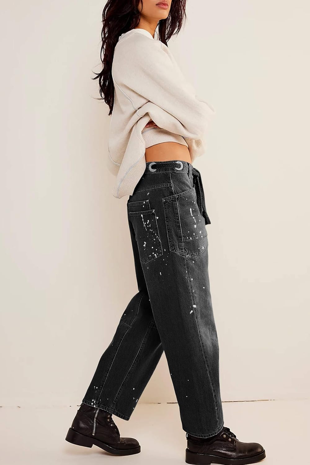 Cicy Bell Womens Baggy Barrel Horseshoe Jeans Wide Leg Drawstring Vintage Denim Pants with Front Pockets - Image 4