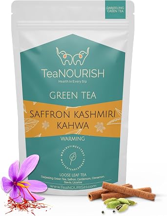 TeaNOURISH Saffron Kashmiri Kahwa | Loose Leaf Green Tea | Saffron, Cardamom, Cinnamon | Warming & Soothing | Improves Digestion, Boosts Immunity | 100% NATURAL - 3.53oz/100g