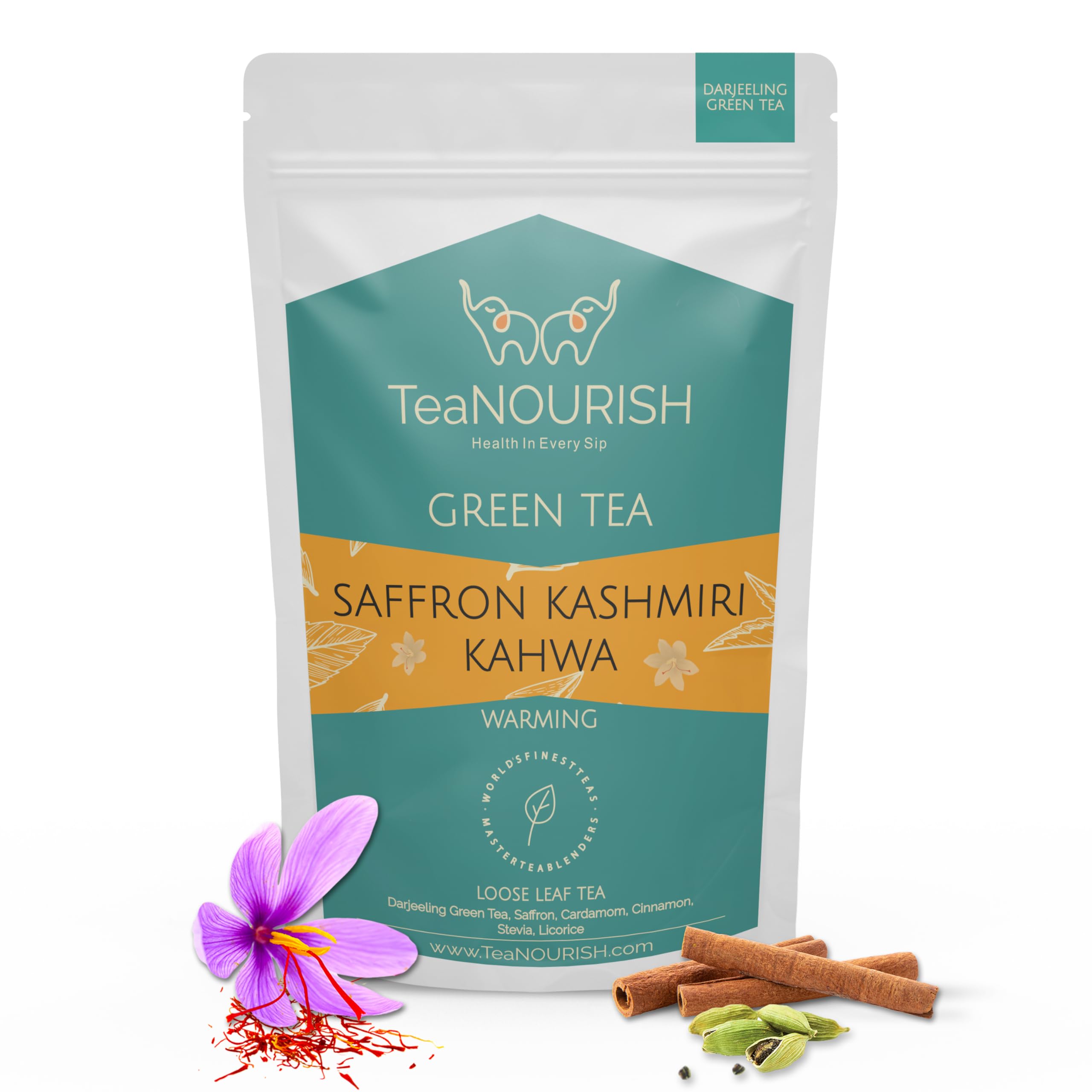 TeaNOURISH Saffron Kashmiri Kahwa | Loose Leaf Green Tea | Saffron, Cardamom, Cinnamon | Warming & Soothing | Improves Digestion, Boosts Immunity - 3.53oz/100g Saffron Kashmiri Kahwa 3.53 Ounce (Pack of 1)