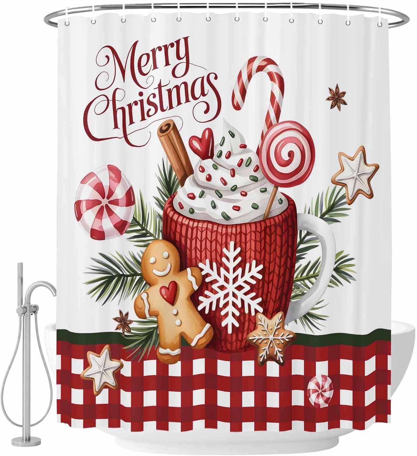 Merry Christmas Waterproof Shower Curtains Set - Long Shower Curtain 72 x 78 Inch, Ice Cream Snowflakes Candy Pine Needles Fabric Bathroom Curtain with 12 Hooks, Bathroom Accessories