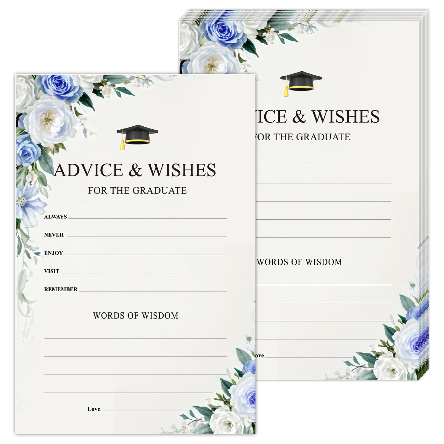 HOUSPEAK Blue Floral Graduation Advice and Wishes Cards for Junior College University Masters High School Grad Celebration or Announcement, 20 Set