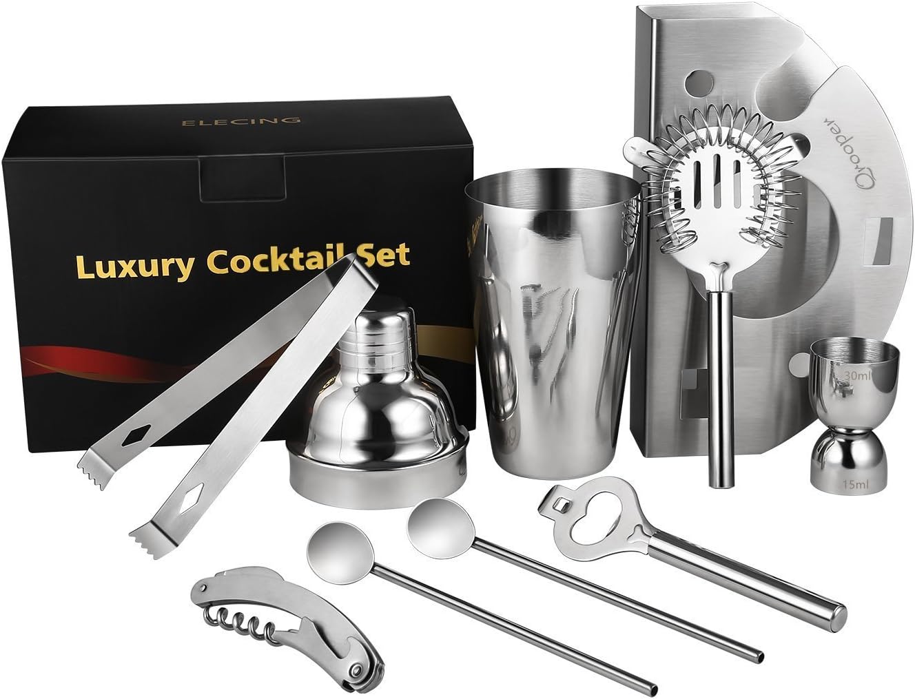 Cocktail Shaker Set , Stainless Steel Shaker Cap Ice Strainer Wire Bartender Premium 7 Piece 550ml Shaker with Bar Kit Elegant Gift Set Silver Bar Tool