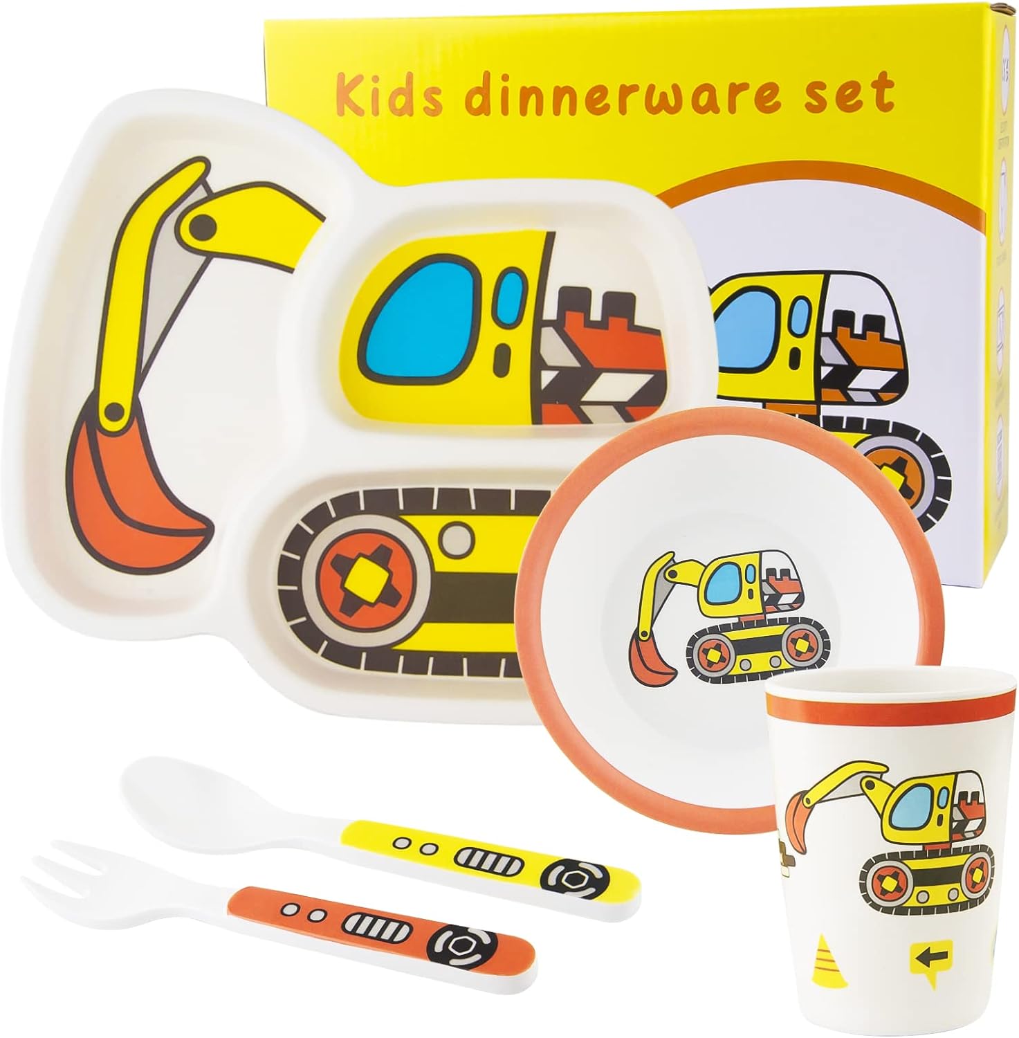 Kids Tableware Set, Included Plate Bowl Cup Fork and Spoon 5-Piece Set - Toddler Plates Dinnerware Dinner Dish Set Baby Feeding Divided Plate - Child Portion Control Dish Tray