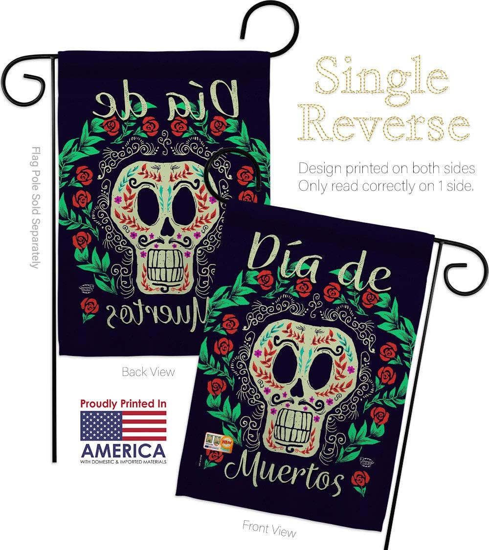 Dia de Muertos Skeleton Garden Flag Set Wall Holder Falltime Day of Dead Los Fiesta Mexican Party Autumntime Small Decorative Gift Yard House Banner Made In USA 13 X 18.5
