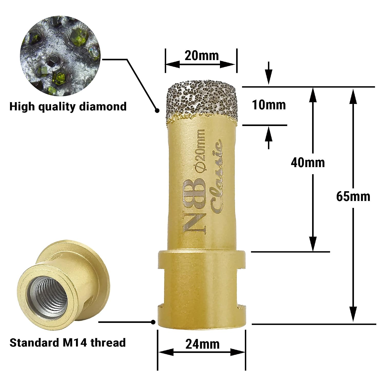 NBB vacuum brazed diamond hole saw with M14, Classic Golden type - Image 3