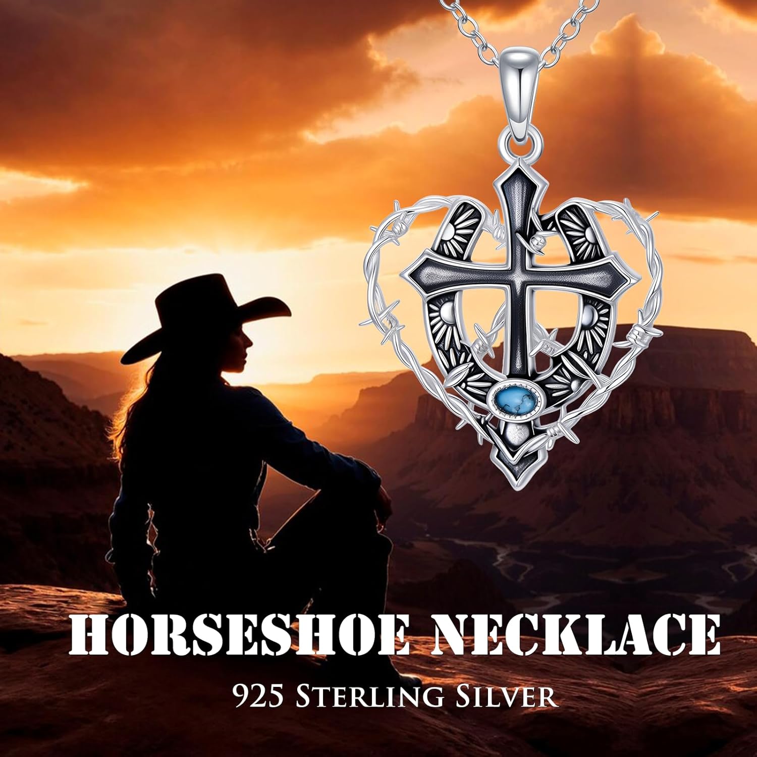 Horseshoe Necklace 925 Sterling Silver Sunflower Cross Turquoise Pendant Horseshoe Jewelry Gifts for Women Men for Birthday Christmas - Image 4