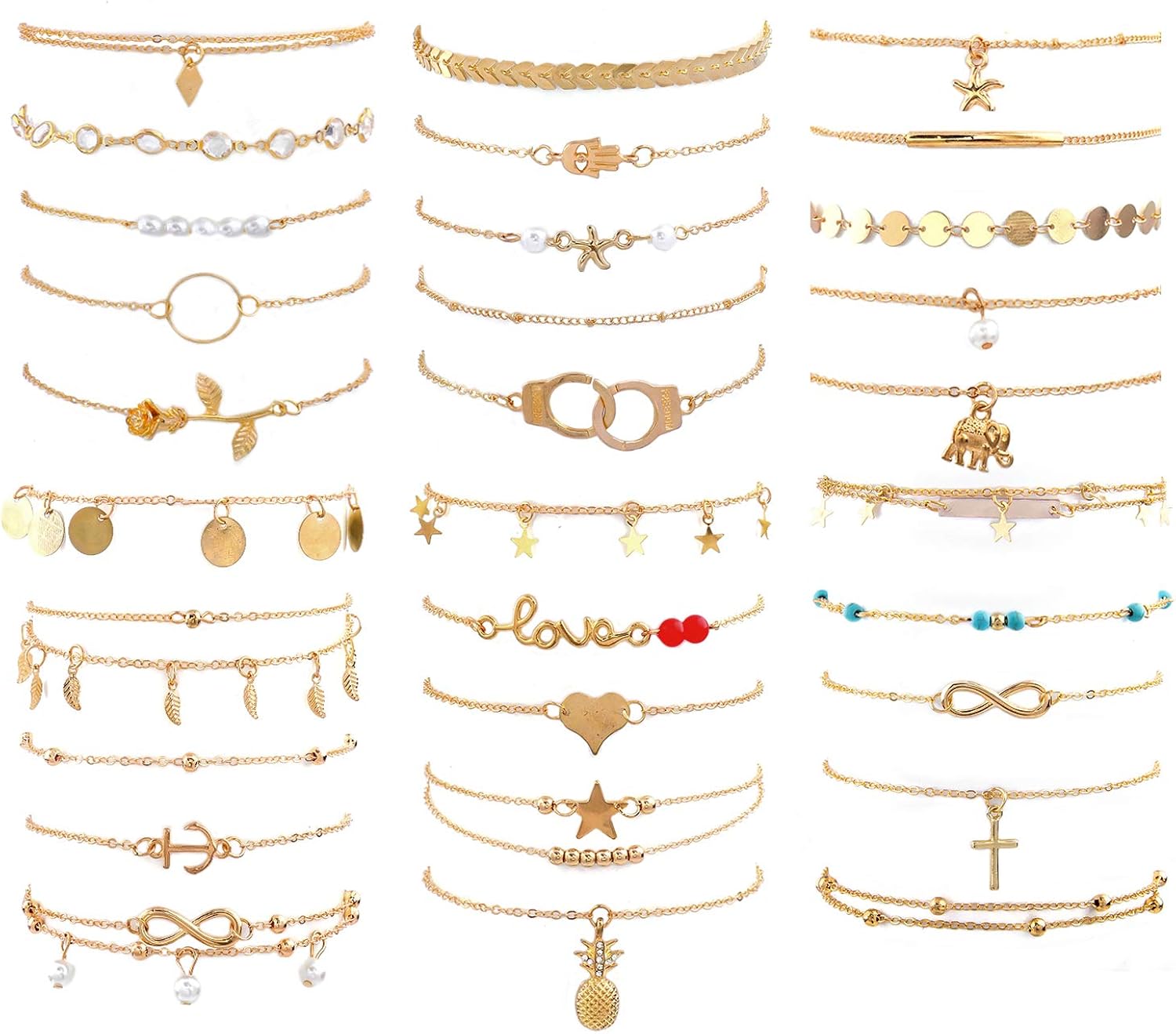 ESRICH 30 Ankle Bracelets for Women Set, Adjustable Size Beach Anklet Set, Imitation Golden Anklet,Jewelry Anklet for Women Beach Jewelry Gifts: Clothing, Shoes & Jewelry