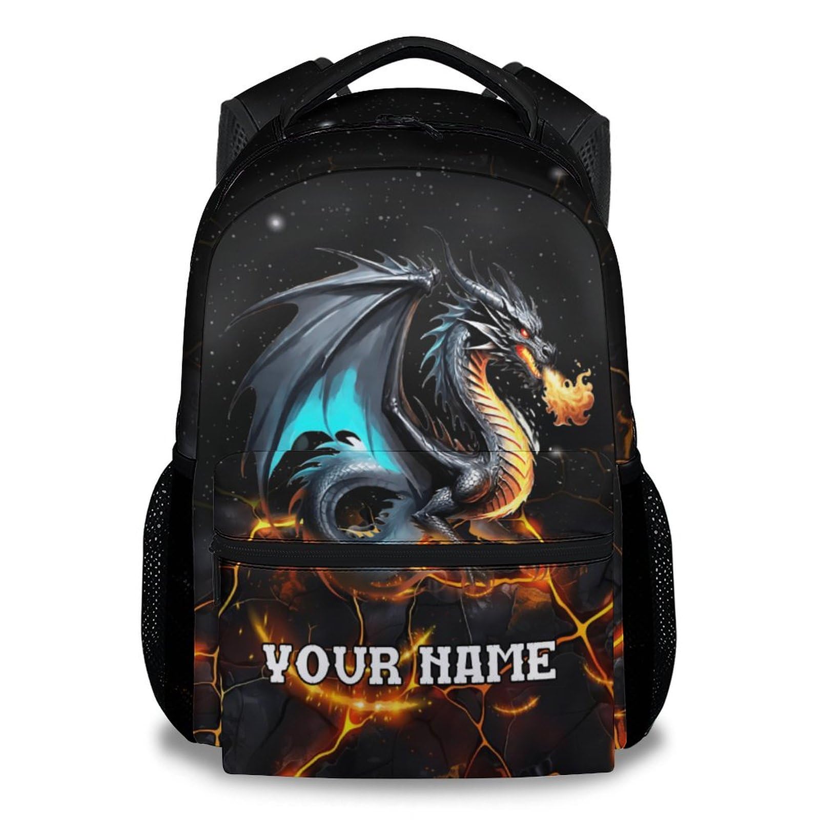 PUREGIFTS Custom Dragon Backpacks for Kids Boys, 17 Inch Cool Backpack for Primary School, Black Lightweight Durable Bookbag for Student