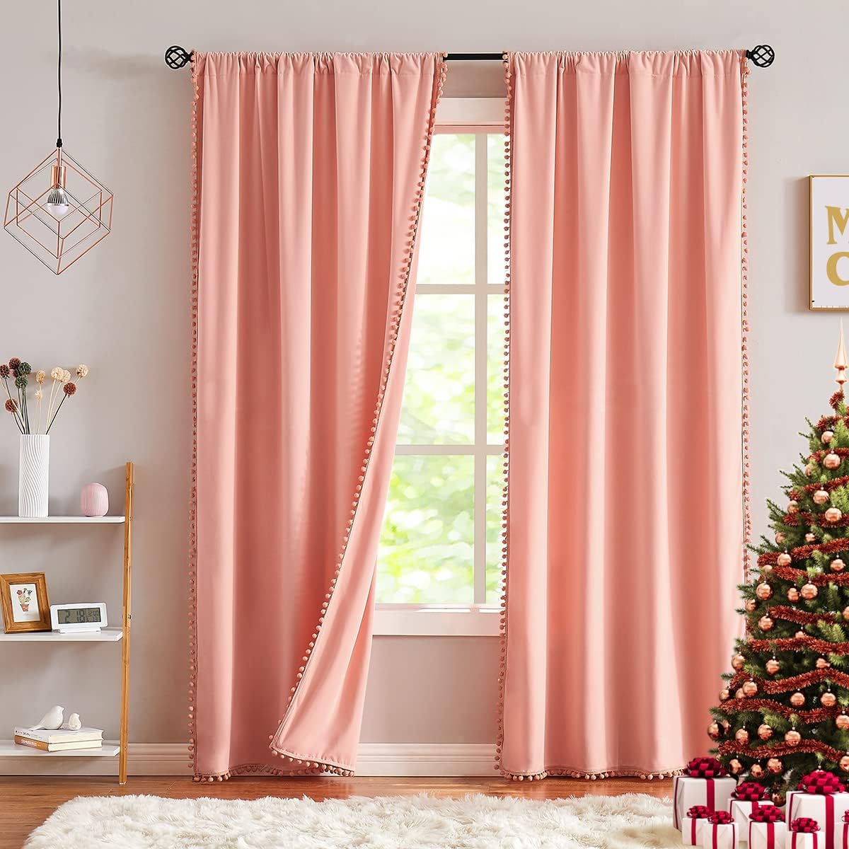 Treatmentex Pompom Pink Velvet Curtains for Living Room 84 inches Long