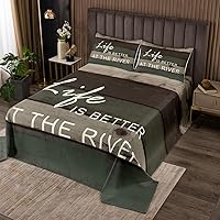 Vista 10 de Juego de colcha de río, tamaño Queen para niños, niñas, juego de edredón rústico de granja con diseño de lago y vida, colcha de paneles de madera