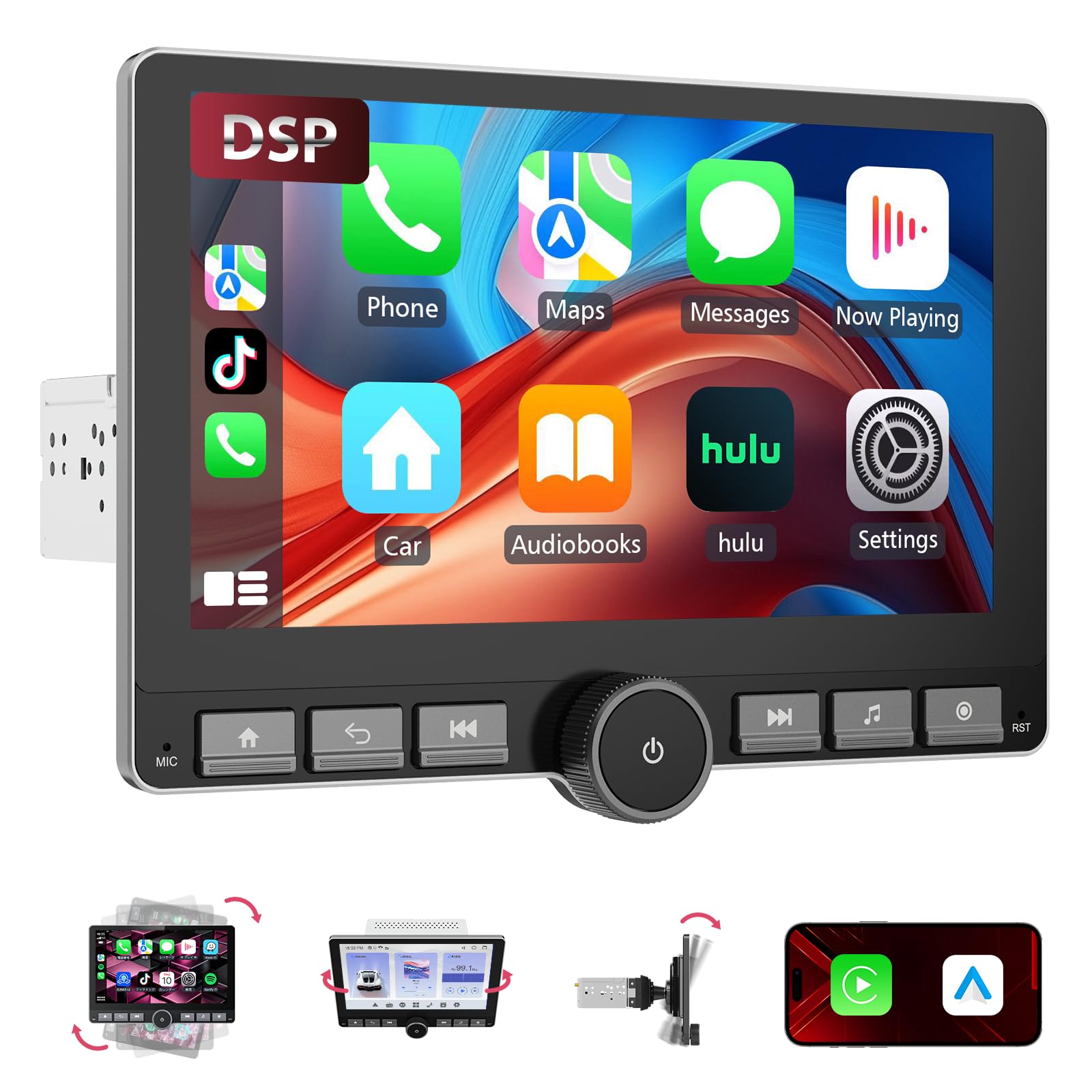 Haudio 360° Rotatif Autoradio, 1 Din DSP Car Stereo, Écran IPS 10,1" avec Carplay sans Fil et Android Auto, Car Play avec Caméra Arrière, Mirror Link, Commande Vocale AM/FM/RDS avec Bouton 2+64G